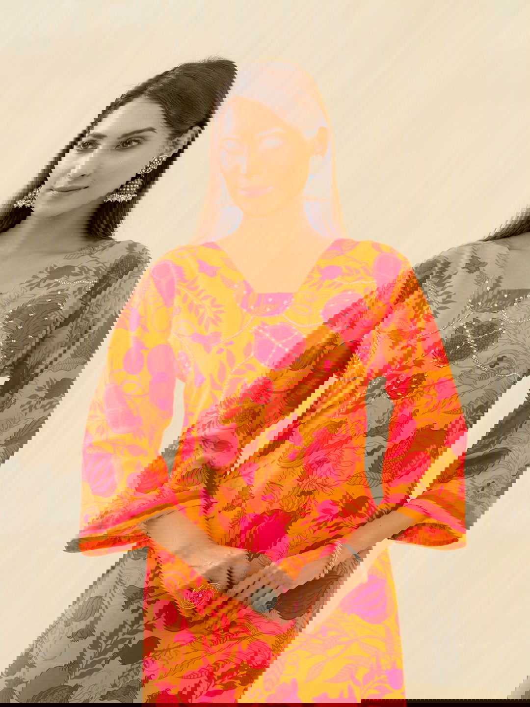 Red Yellow Floral Printed Sequinned Square Neck Flared Sleeves Kurta With Trousers - Buy Best Ethnic Wear for Women & Girls | Daily Woman -