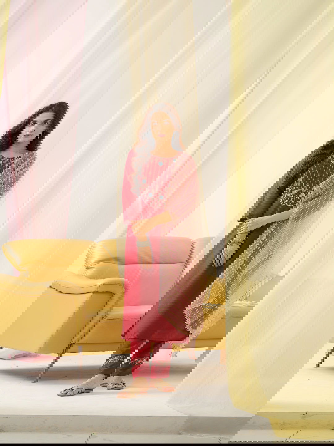 Red Yoke Design Woven Design Straight Kurta and Trousers With Dupatta - Buy Best Ethnic Wear for Women & Girls | Daily Woman -