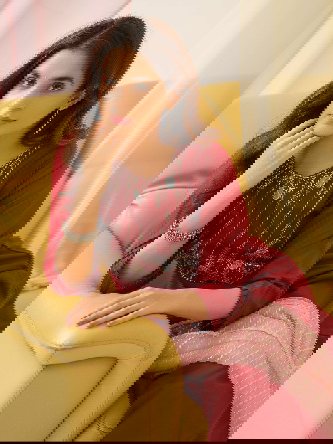 Red Yoke Design Woven Design Straight Kurta and Trousers With Dupatta - Buy Best Ethnic Wear for Women & Girls | Daily Woman -