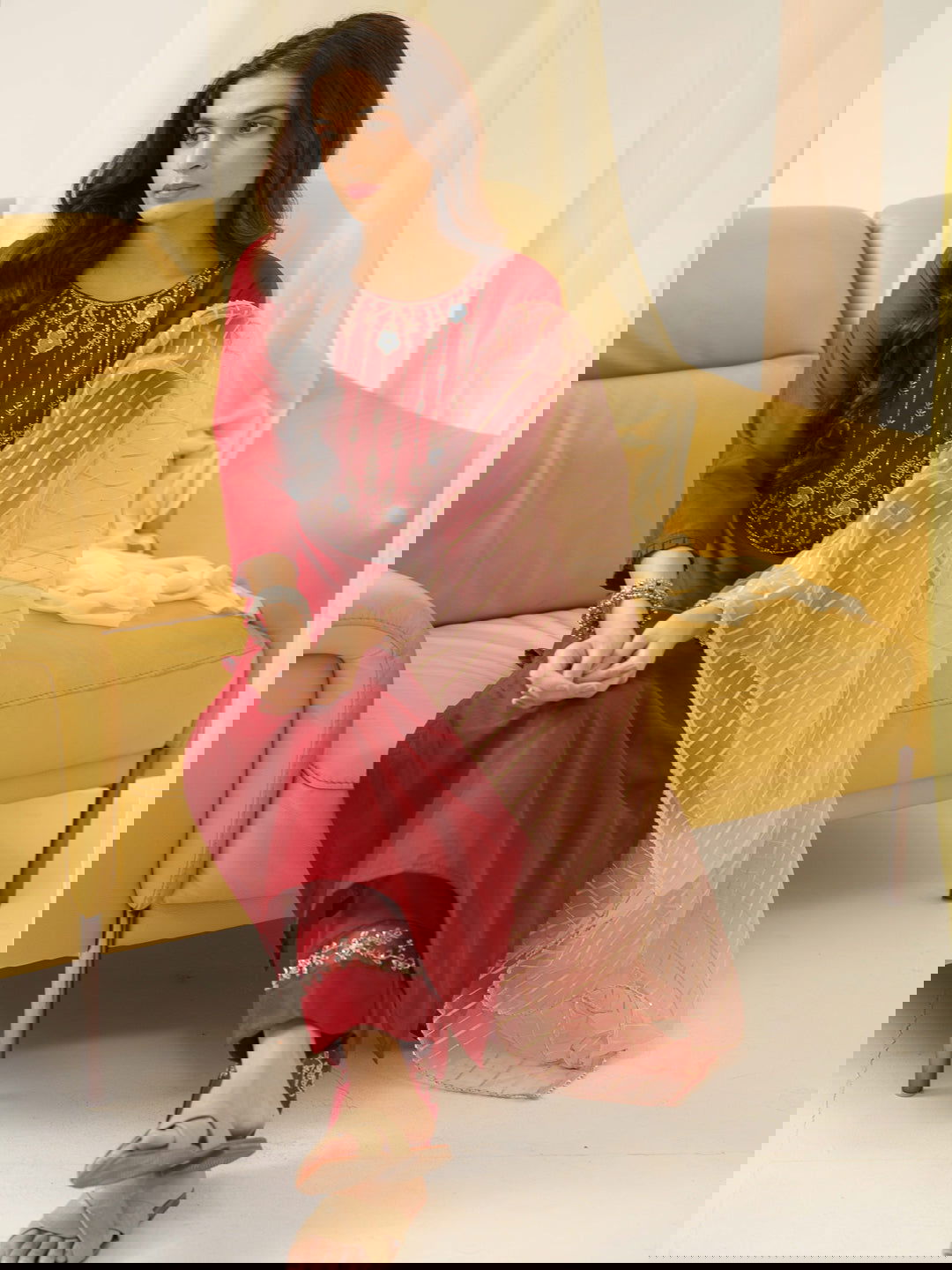 Red Yoke Design Woven Design Straight Kurta and Trousers With Dupatta - Buy Best Ethnic Wear for Women & Girls | Daily Woman -