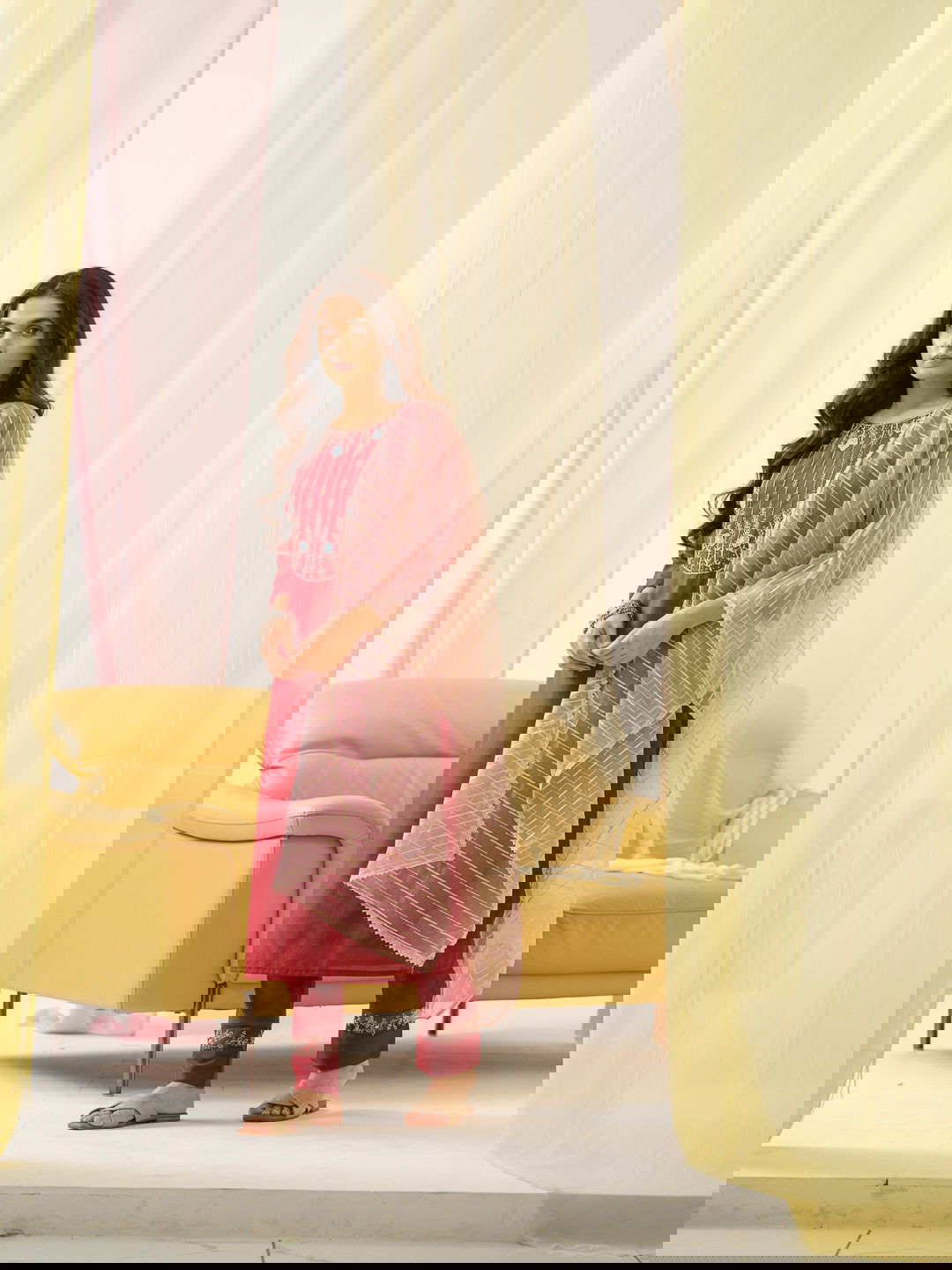 Red Yoke Design Woven Design Straight Kurta and Trousers With Dupatta - Buy Best Ethnic Wear for Women & Girls | Daily Woman -