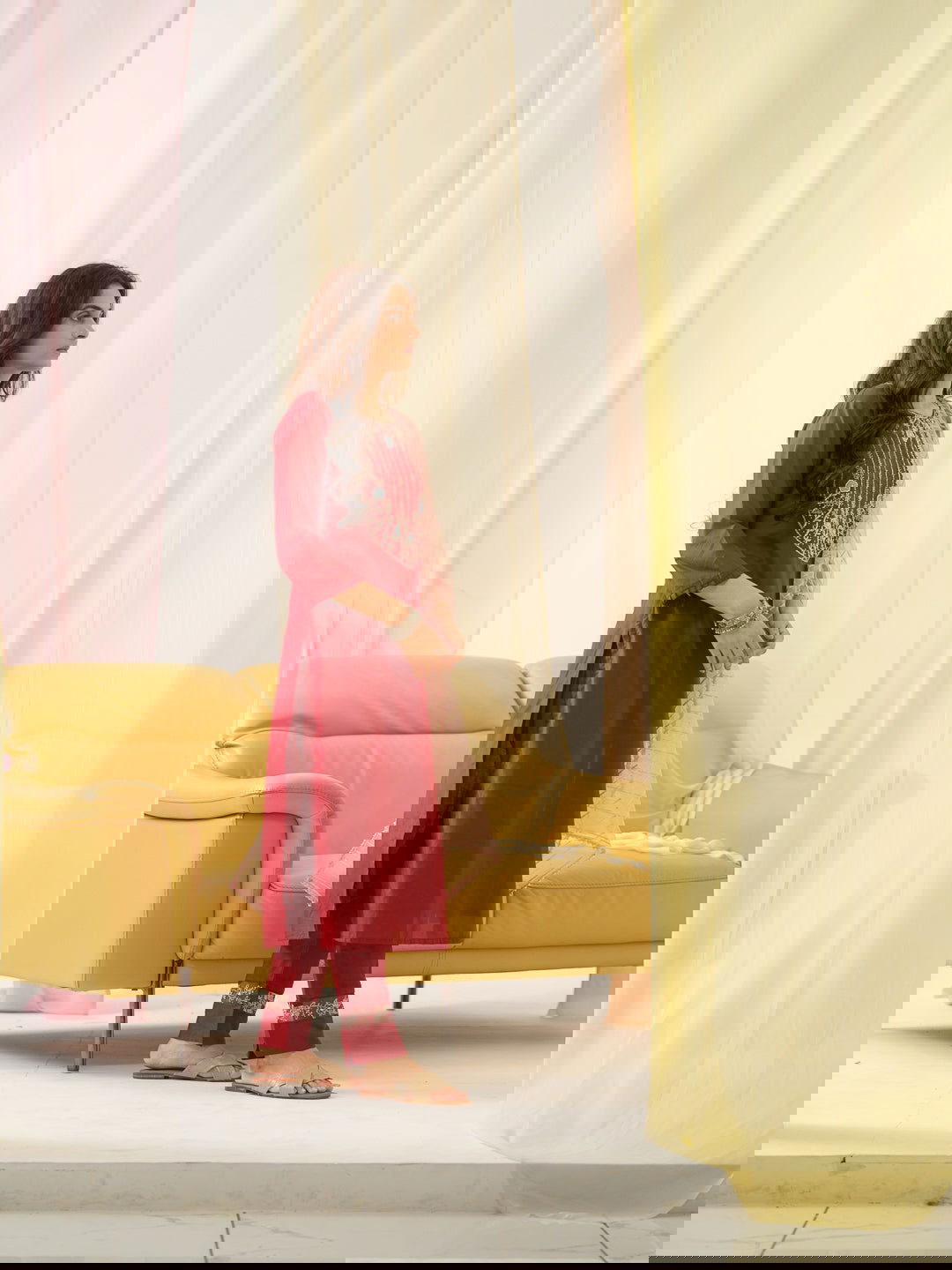 Red Yoke Design Woven Design Straight Kurta and Trousers With Dupatta - Buy Best Ethnic Wear for Women & Girls | Daily Woman -