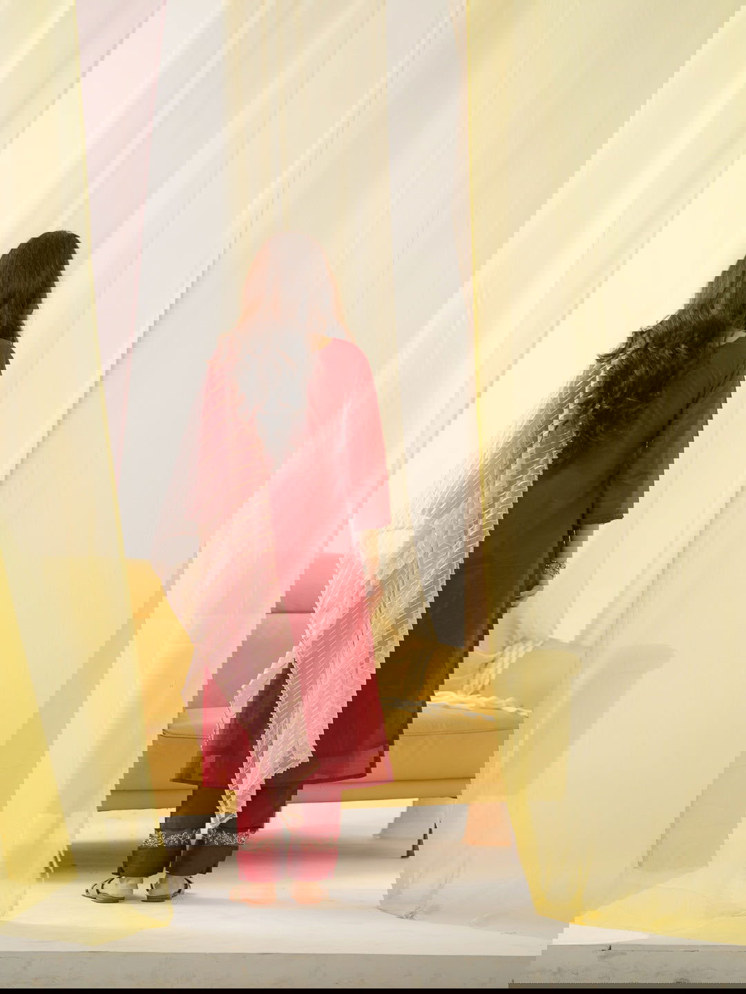 Red Yoke Design Woven Design Straight Kurta and Trousers With Dupatta - Buy Best Ethnic Wear for Women & Girls | Daily Woman -