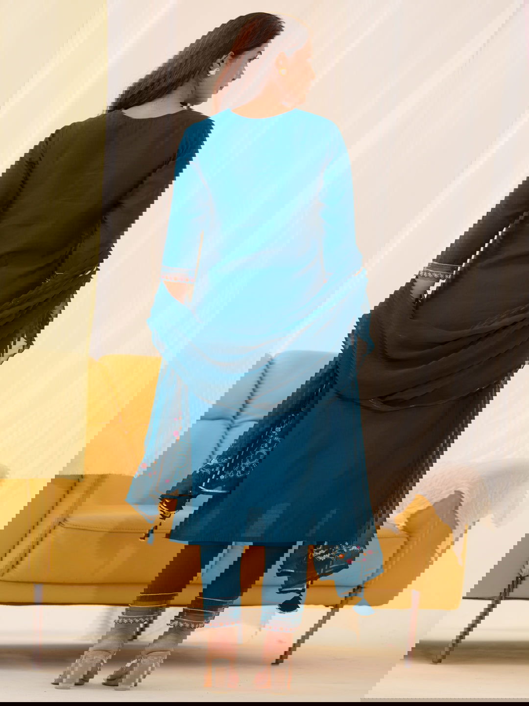 Roman Silk Teal Color Ethnic Motifs Embroidered Kurta With Trousers & Dupatta - Buy Best Ethnic Wear for Women & Girls | Daily Woman -