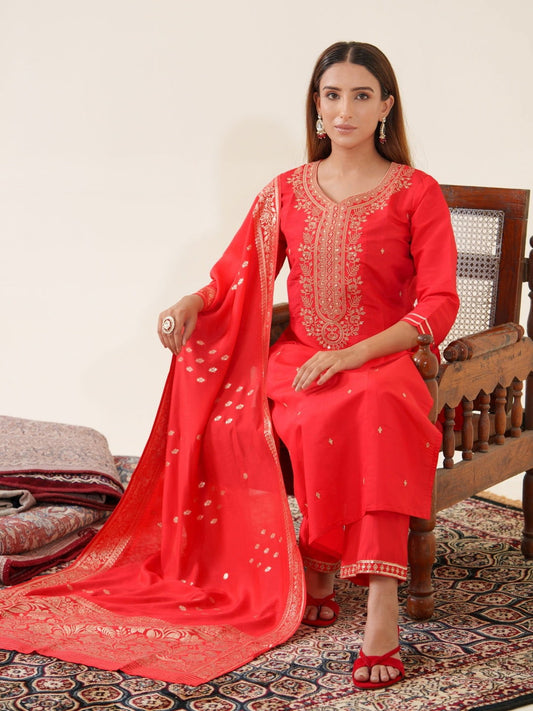 Roman Silk Woven Design Kurta With Trousers & Dupatta - Buy Best Ethnic Wear for Women & Girls | Daily Woman -