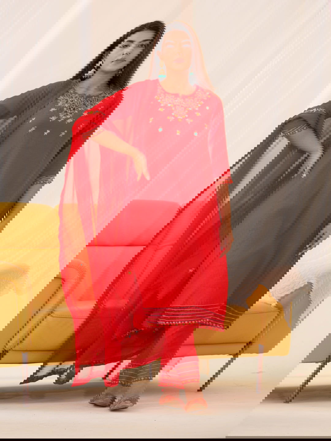 Roman silk Red Color Ethnic Motifs Embroidered Kurta With Trousers & Dupatta - Buy Best Ethnic Wear for Women & Girls | Daily Woman -