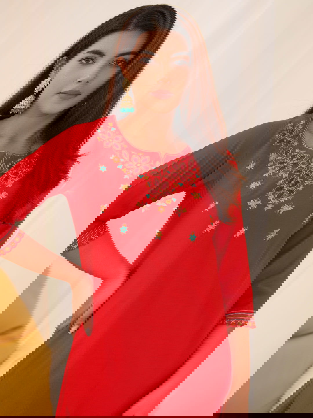 Roman silk Red Color Ethnic Motifs Embroidered Kurta With Trousers & Dupatta - Buy Best Ethnic Wear for Women & Girls | Daily Woman -