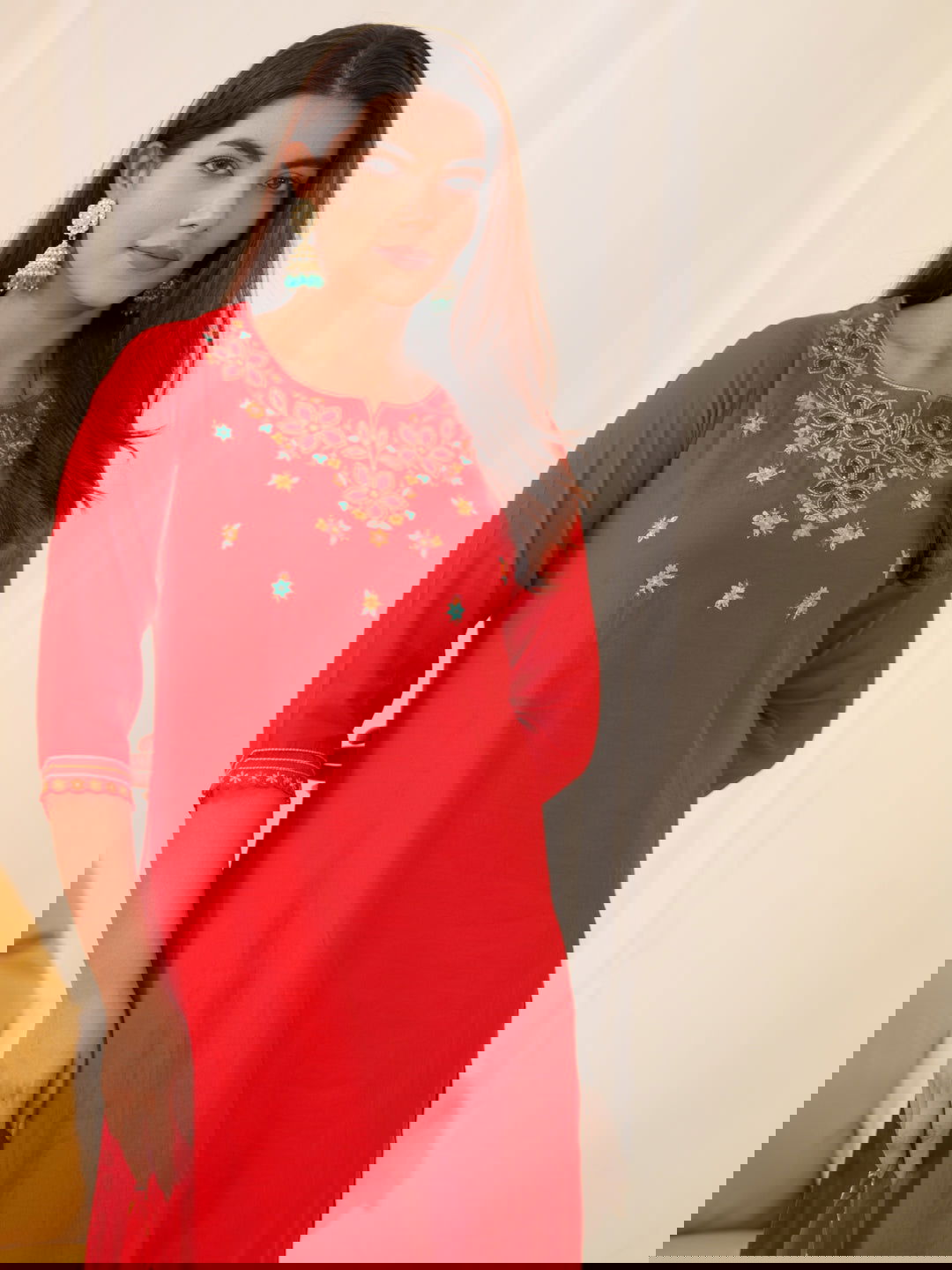 Roman silk Red Color Ethnic Motifs Embroidered Kurta With Trousers & Dupatta - Buy Best Ethnic Wear for Women & Girls | Daily Woman -