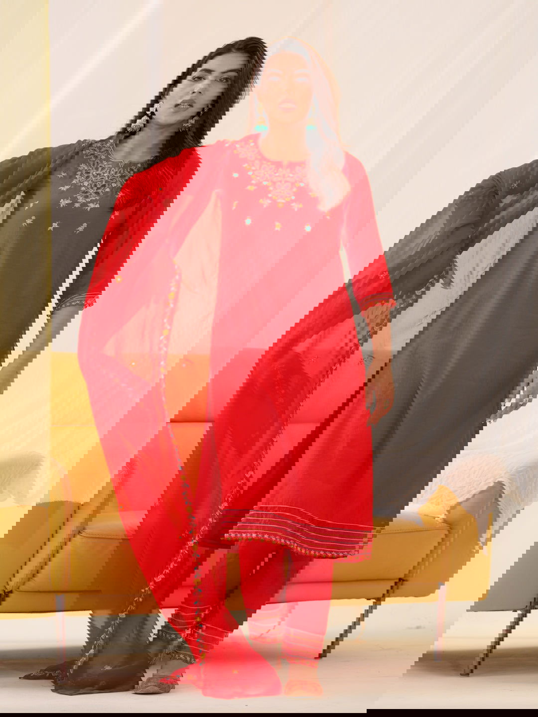 Roman silk Red Color Ethnic Motifs Embroidered Kurta With Trousers & Dupatta - Buy Best Ethnic Wear for Women & Girls | Daily Woman -