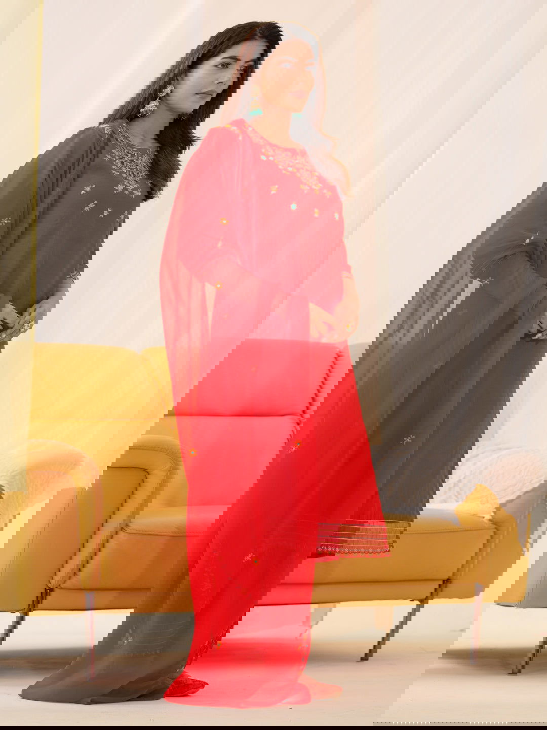 Roman silk Red Color Ethnic Motifs Embroidered Kurta With Trousers & Dupatta - Buy Best Ethnic Wear for Women & Girls | Daily Woman -