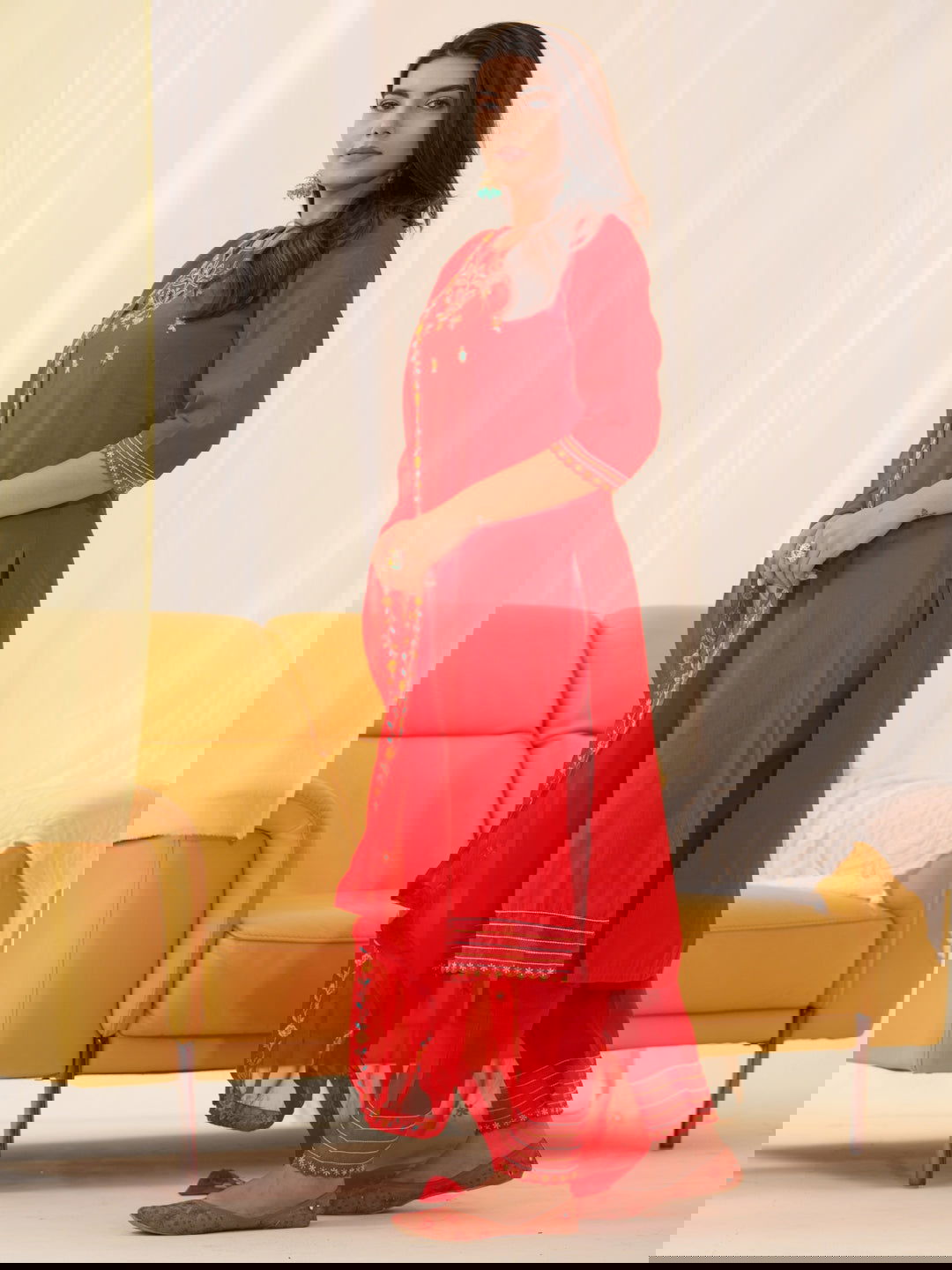 Roman silk Red Color Ethnic Motifs Embroidered Kurta With Trousers & Dupatta - Buy Best Ethnic Wear for Women & Girls | Daily Woman -