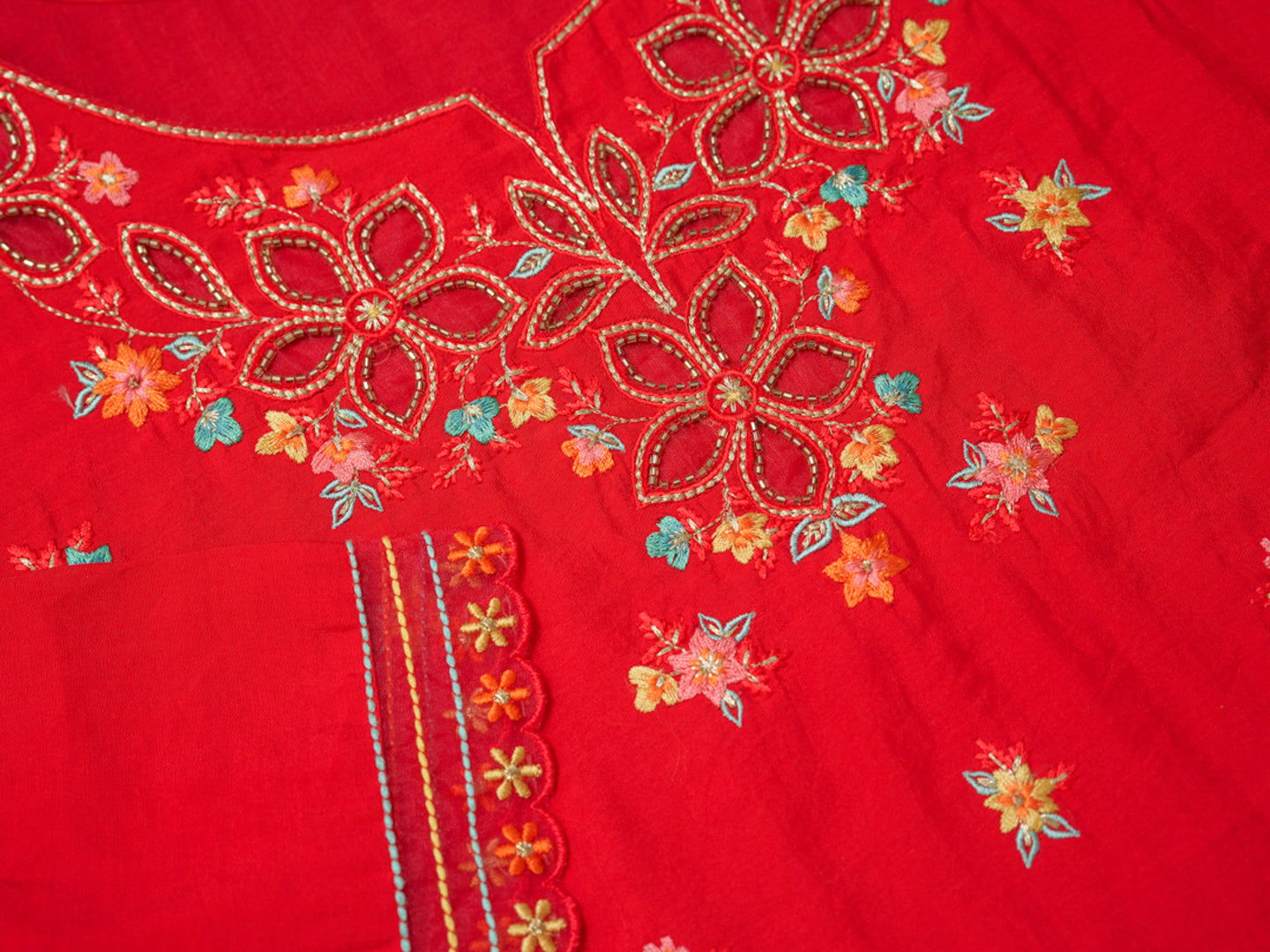 Roman silk Red Color Ethnic Motifs Embroidered Kurta With Trousers & Dupatta - Buy Best Ethnic Wear for Women & Girls | Daily Woman -