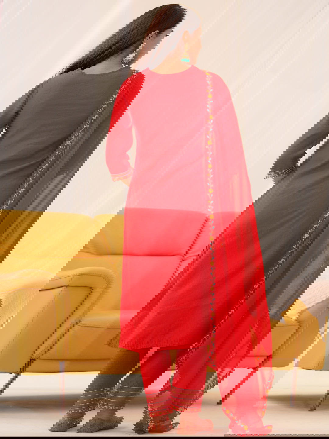 Roman silk Red Color Ethnic Motifs Embroidered Kurta With Trousers & Dupatta - Buy Best Ethnic Wear for Women & Girls | Daily Woman -