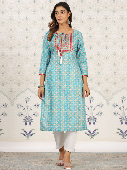 Sea Green Ethnic Printed Tie-Up Neck Gotta Patti Straight Kurta - Buy Best Ethnic Wear for Women & Girls | Daily Woman -