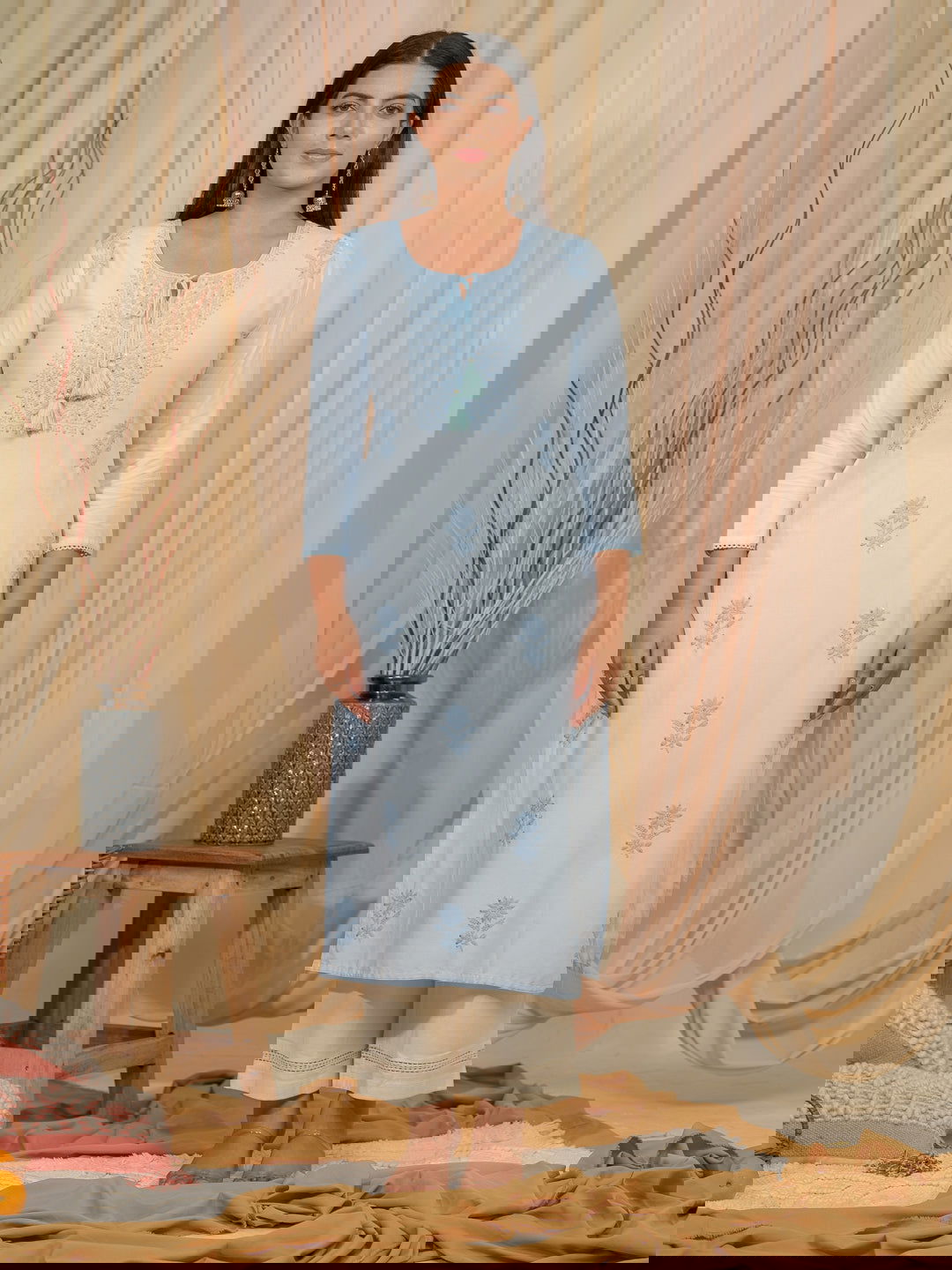 Sea Green Floral Embroidered Tie-Up Neck Straight Kurta - Buy Best Ethnic Wear for Women & Girls | Daily Woman -