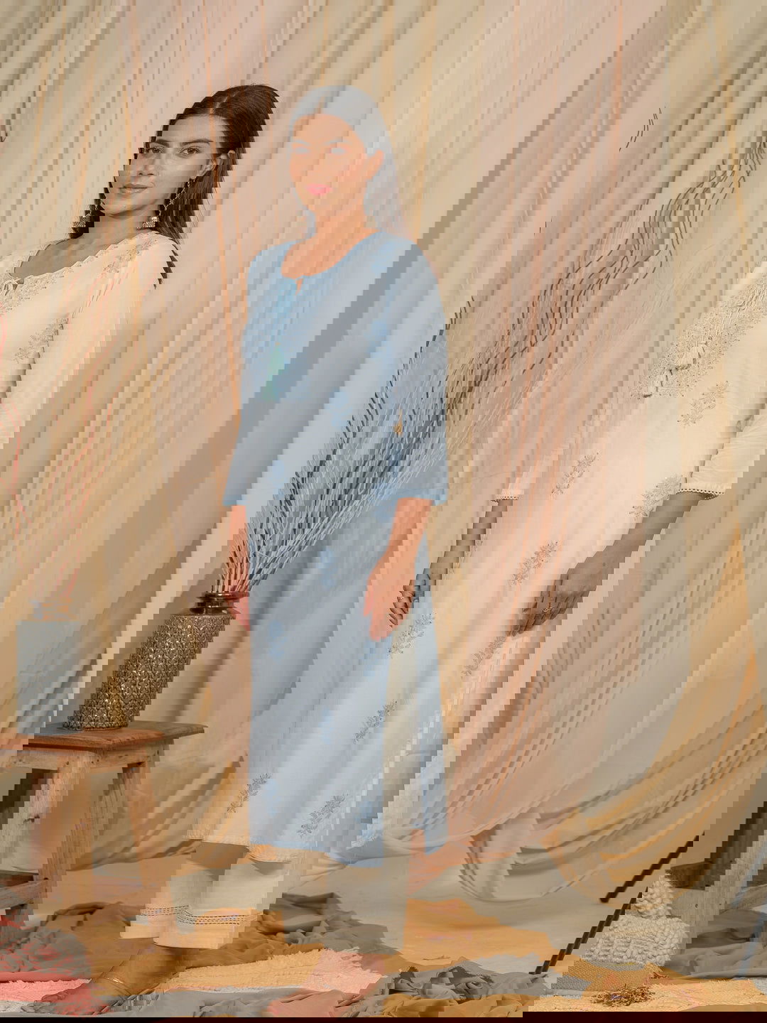 Sea Green Floral Embroidered Tie-Up Neck Straight Kurta - Buy Best Ethnic Wear for Women & Girls | Daily Woman -