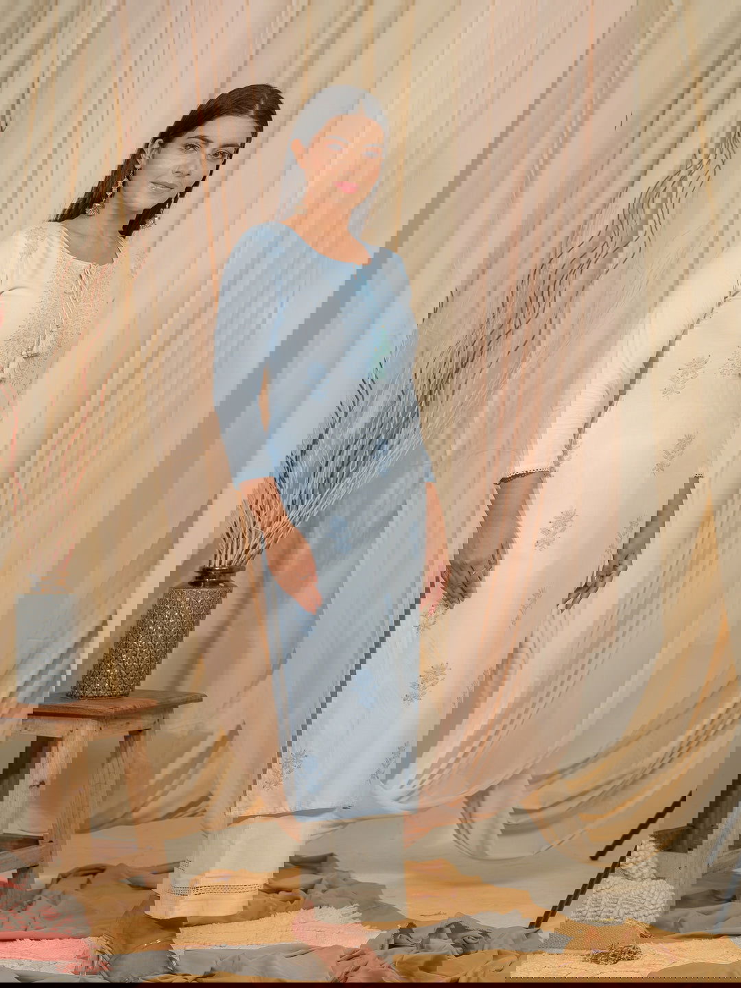 Sea Green Floral Embroidered Tie-Up Neck Straight Kurta - Buy Best Ethnic Wear for Women & Girls | Daily Woman -