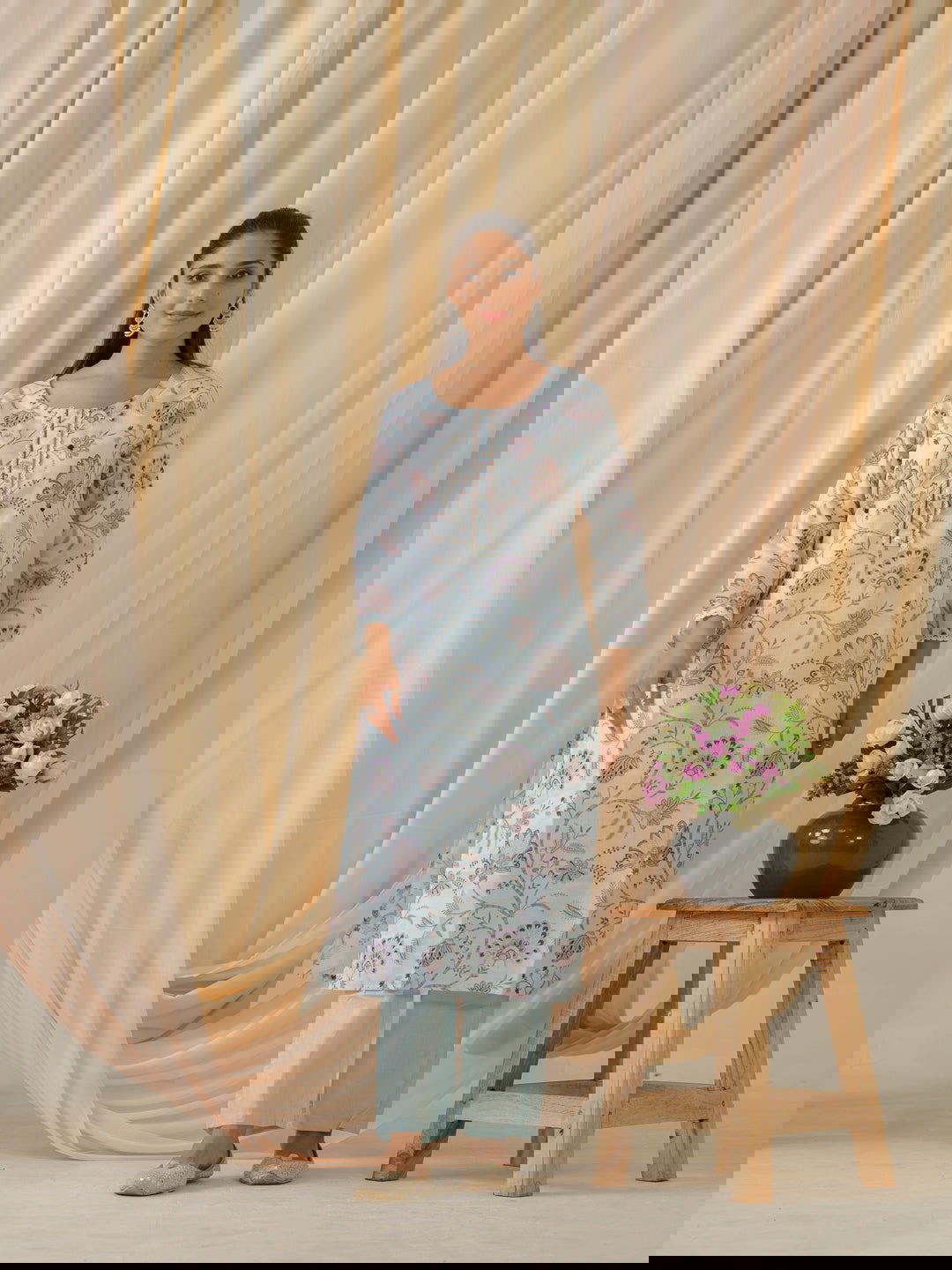 Sea Green & Purple Floral Printed Straight Kurta and Trousers With Dupatta - Buy Best Ethnic Wear for Women & Girls | Daily Woman -