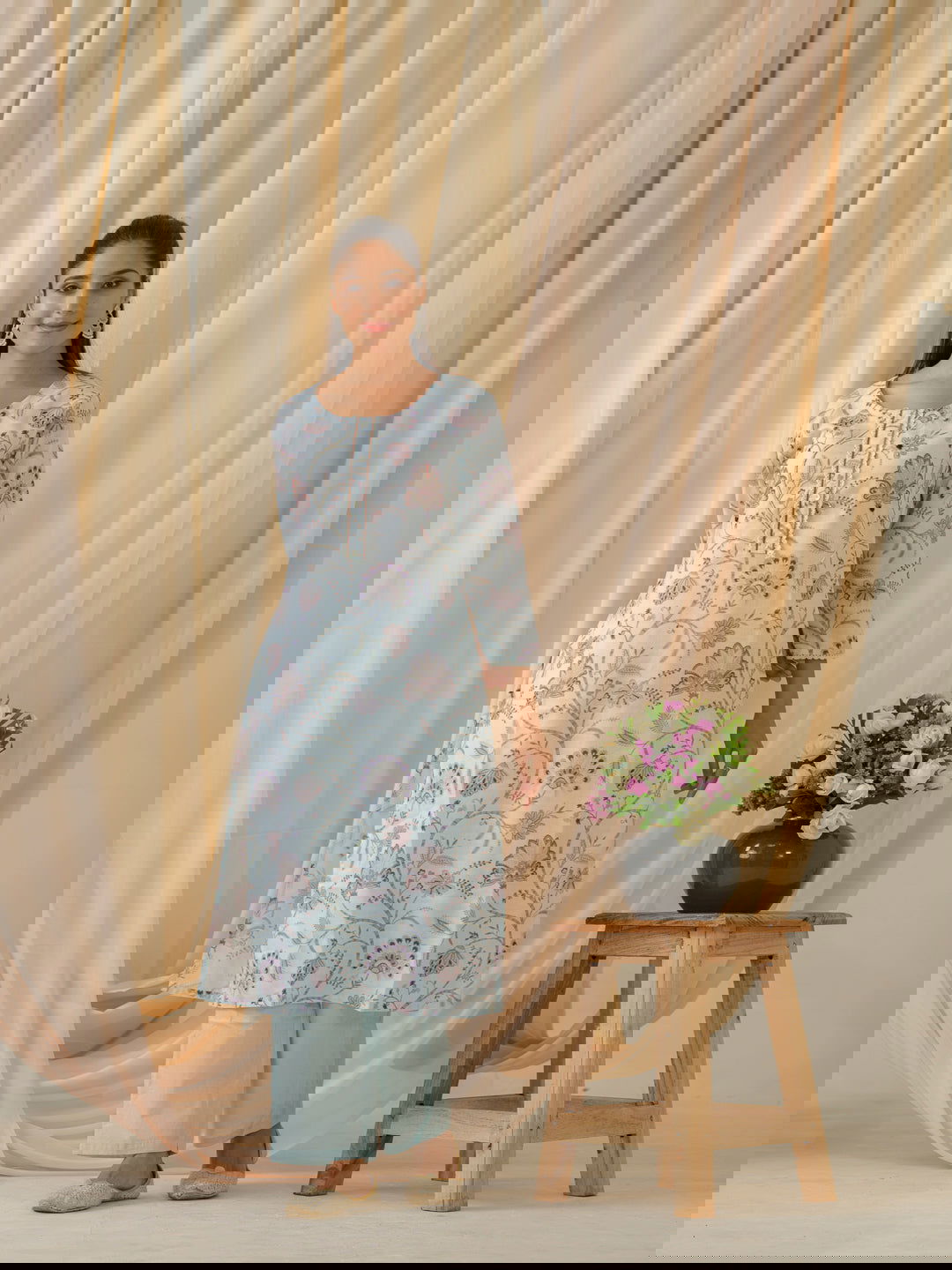 Sea Green & Purple Floral Printed Straight Kurta and Trousers With Dupatta - Buy Best Ethnic Wear for Women & Girls | Daily Woman -