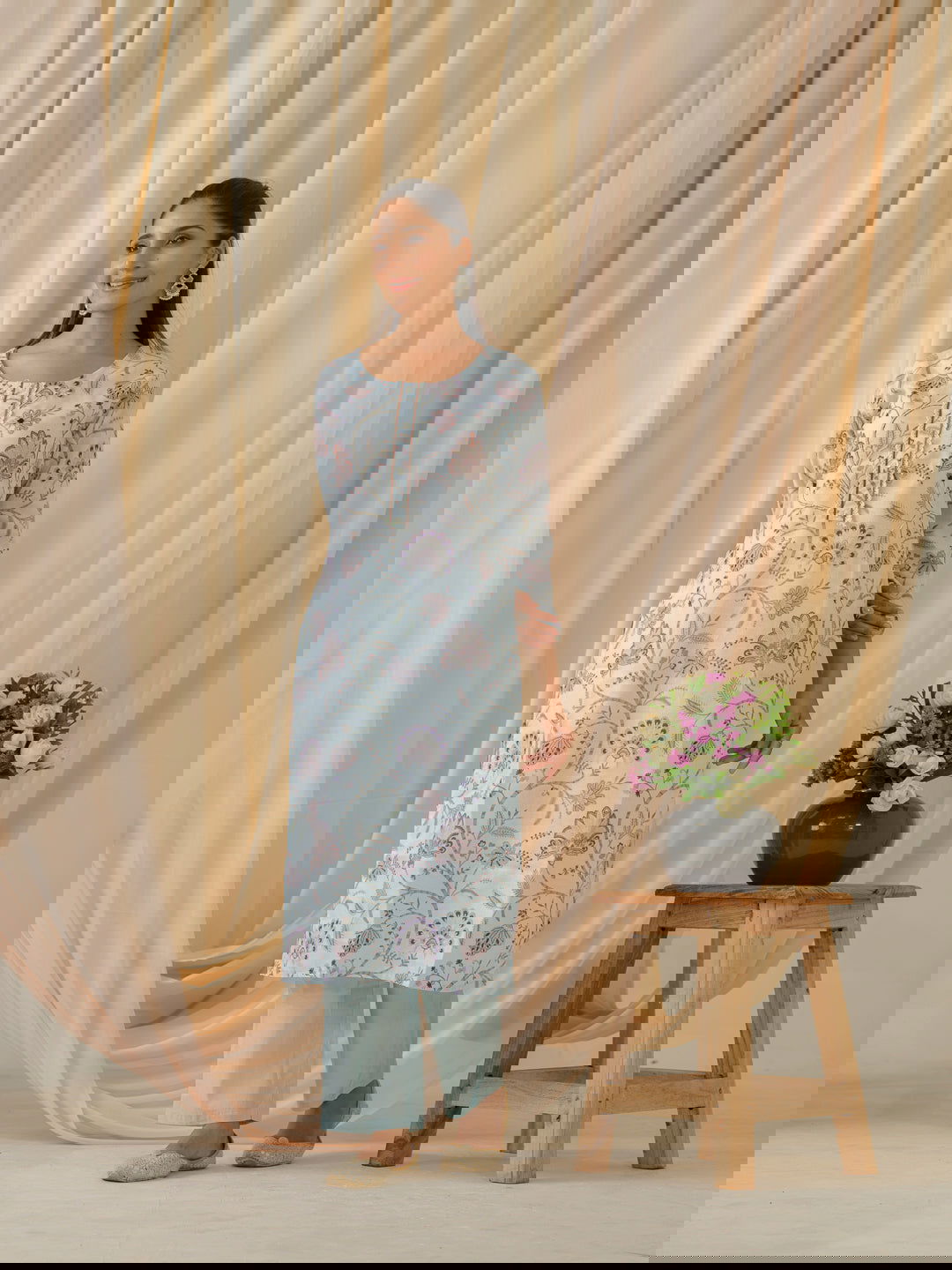 Sea Green & Purple Floral Printed Straight Kurta and Trousers With Dupatta - Buy Best Ethnic Wear for Women & Girls | Daily Woman -