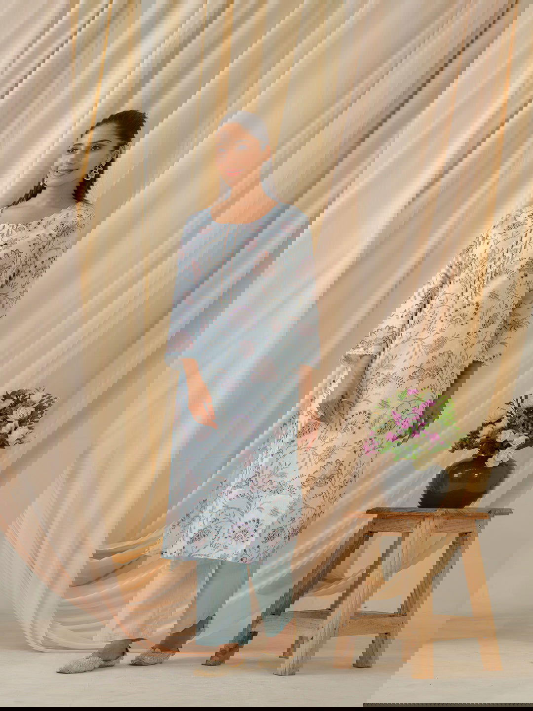 Sea Green & Purple Floral Printed Straight Kurta and Trousers With Dupatta - Buy Best Ethnic Wear for Women & Girls | Daily Woman -