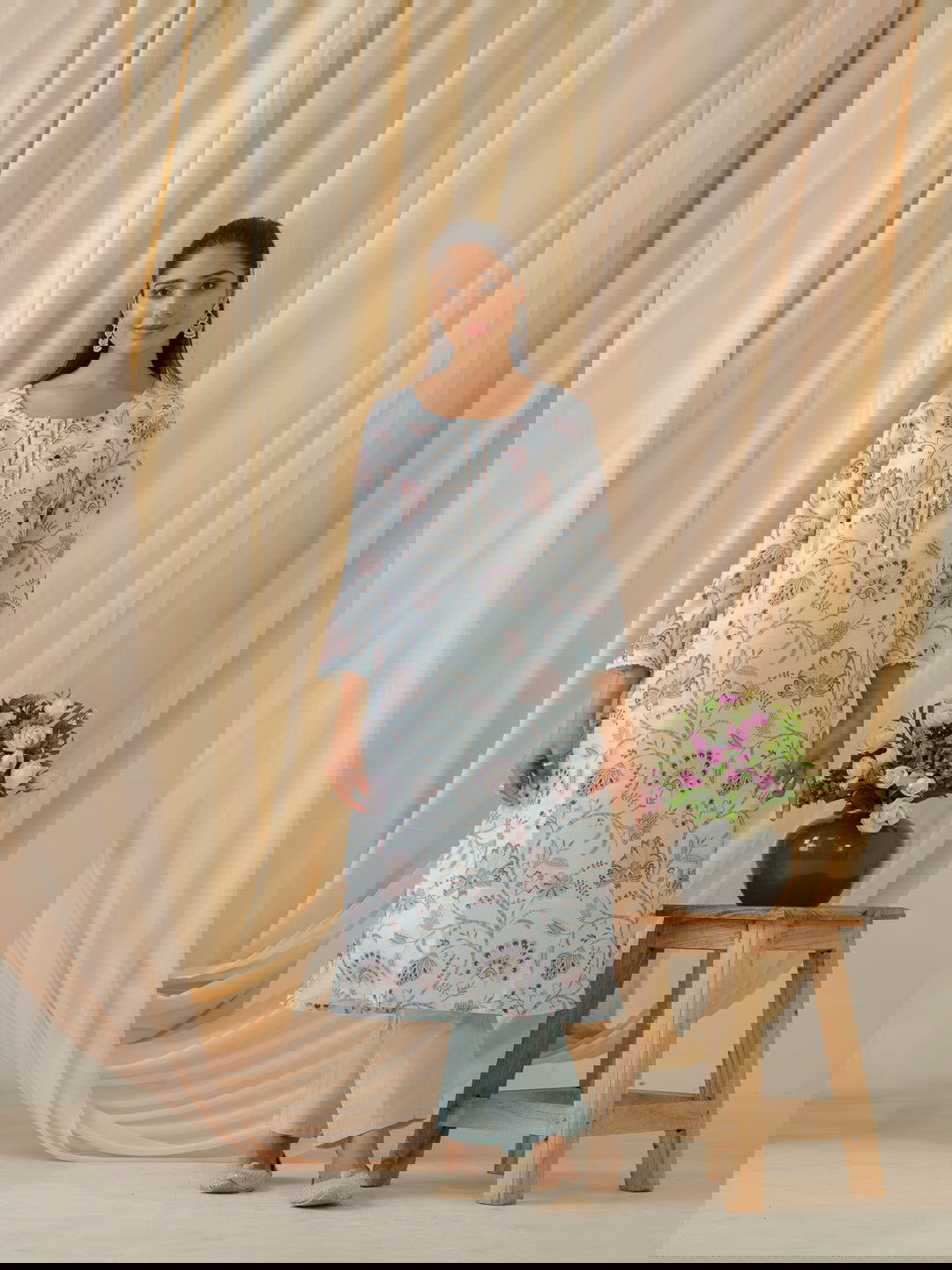 Sea Green & Purple Floral Printed Straight Kurta and Trousers With Dupatta - Buy Best Ethnic Wear for Women & Girls | Daily Woman -