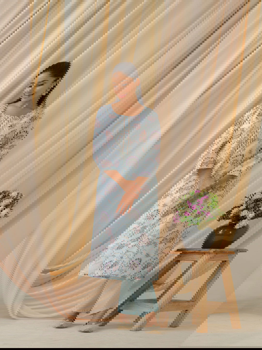 Sea Green & Purple Floral Printed Straight Kurta and Trousers With Dupatta - Buy Best Ethnic Wear for Women & Girls | Daily Woman -