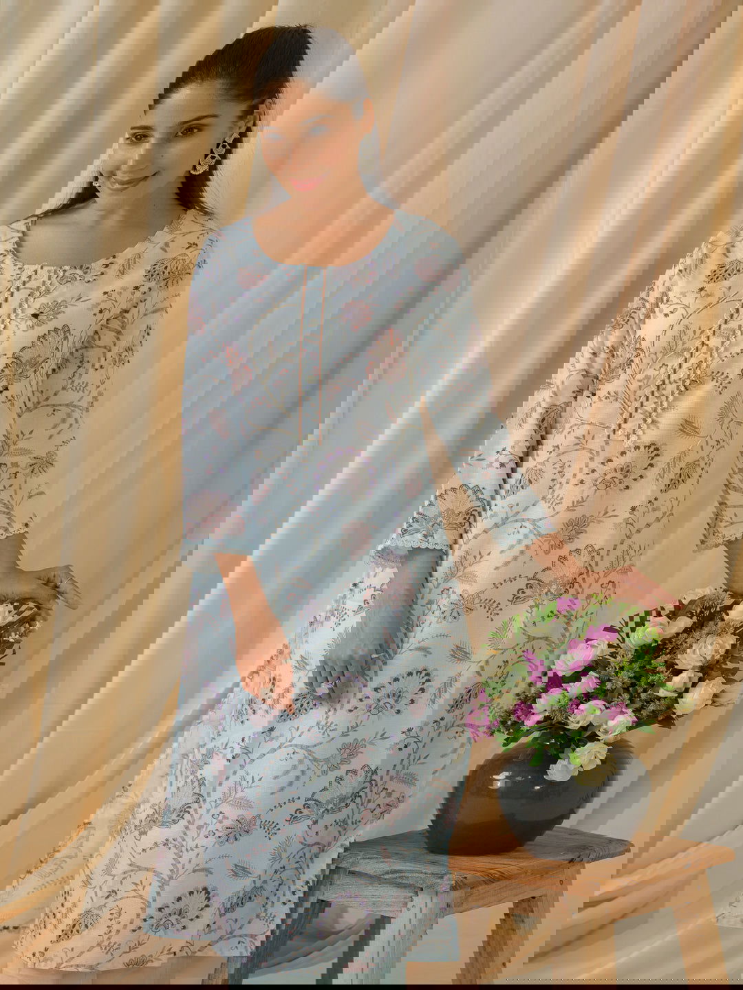 Sea Green & Purple Floral Printed Straight Kurta and Trousers With Dupatta - Buy Best Ethnic Wear for Women & Girls | Daily Woman -