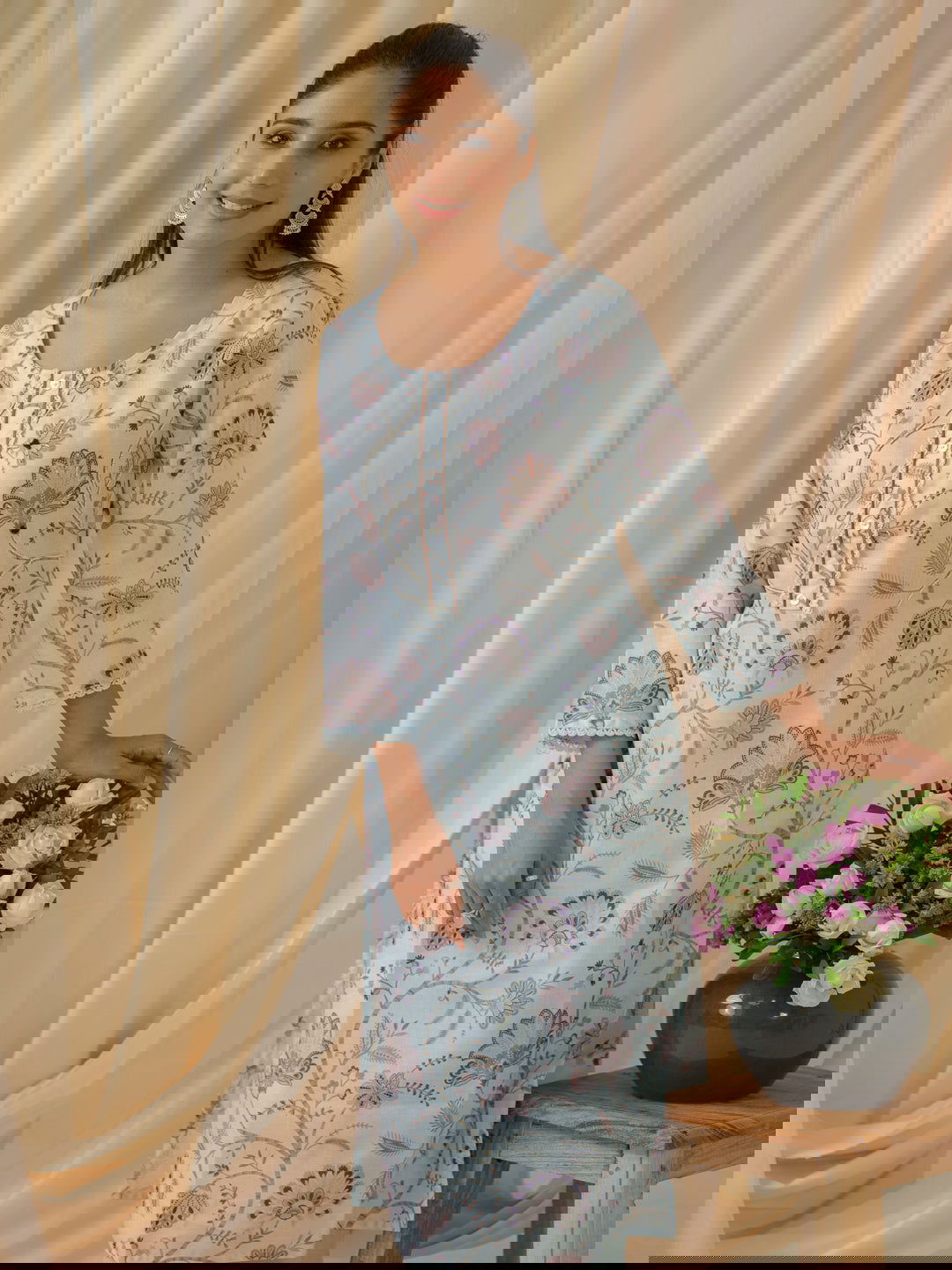 Sea Green & Purple Floral Printed Straight Kurta and Trousers With Dupatta - Buy Best Ethnic Wear for Women & Girls | Daily Woman -