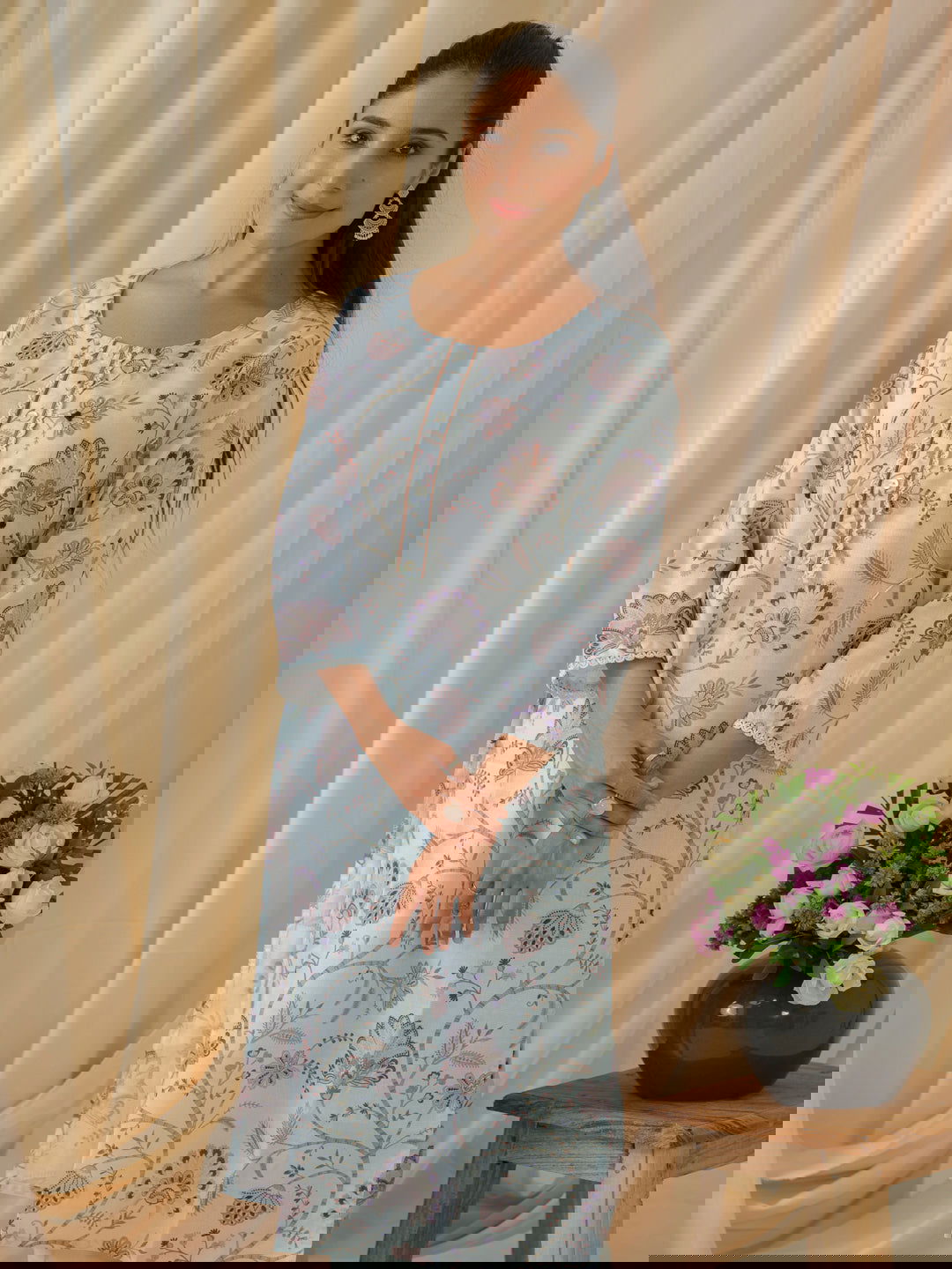 Sea Green & Purple Floral Printed Straight Kurta and Trousers With Dupatta - Buy Best Ethnic Wear for Women & Girls | Daily Woman -