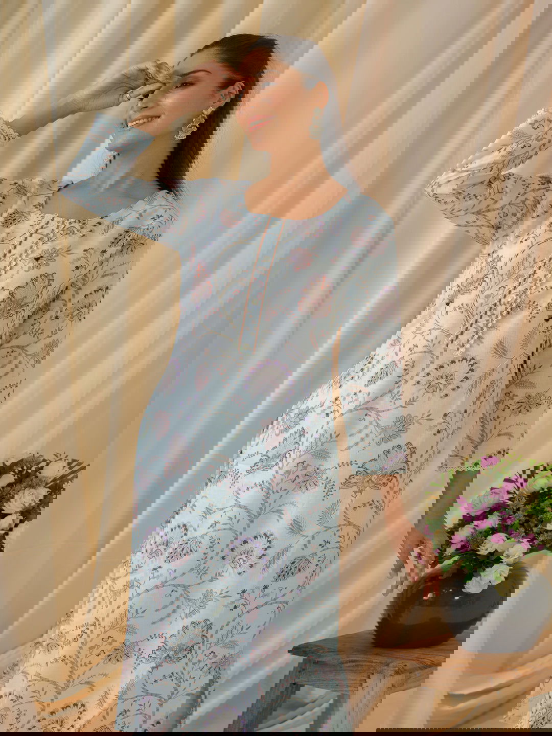 Sea Green & Purple Floral Printed Straight Kurta and Trousers With Dupatta - Buy Best Ethnic Wear for Women & Girls | Daily Woman -