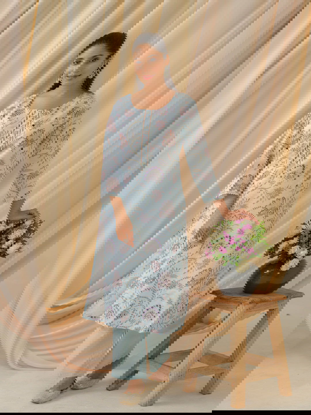 Sea Green & Purple Floral Printed Straight Kurta and Trousers With Dupatta - Buy Best Ethnic Wear for Women & Girls | Daily Woman -