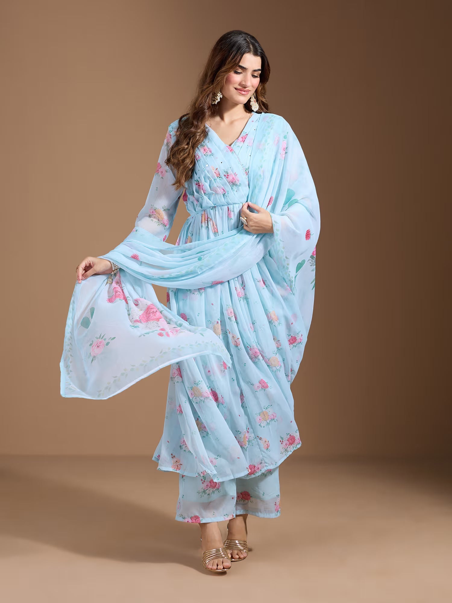 Shiffon Women Floral Printed Regular Kurta with Trousers & With Dupatta - Buy Best Ethnic Wear for Women & Girls | Daily Woman -