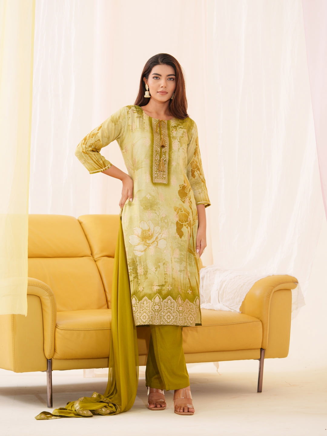 Shimmer Mehndi Color Ethnic Motifs Printed With Embroidered Kurta With Trousers & Dupatta - Buy Best Ethnic Wear for Women & Girls | Daily Woman -