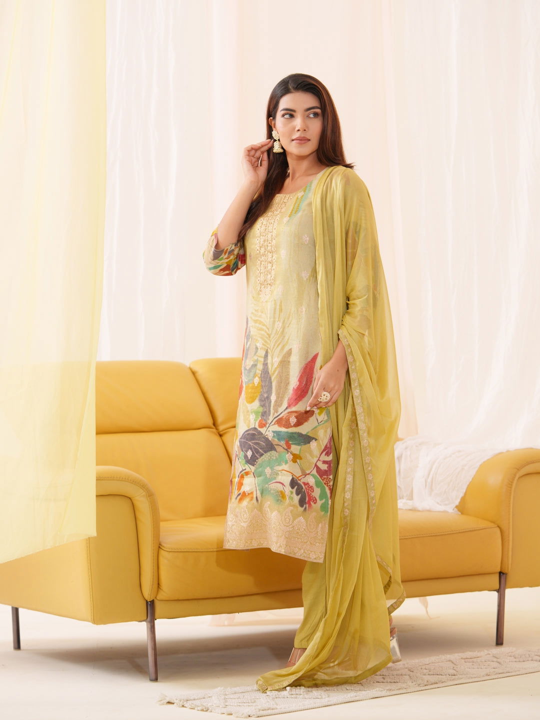 Shimmer Olive Color Woven Design Kurta With Trousers & Dupatta - Buy Best Ethnic Wear for Women & Girls | Daily Woman -