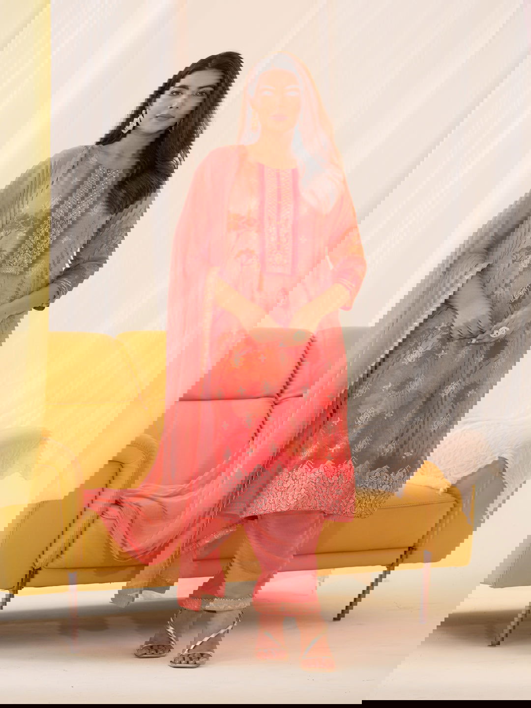 Shimmer Orange Color Woven Design Kurta With Trousers & Dupatta - Buy Best Ethnic Wear for Women & Girls | Daily Woman -