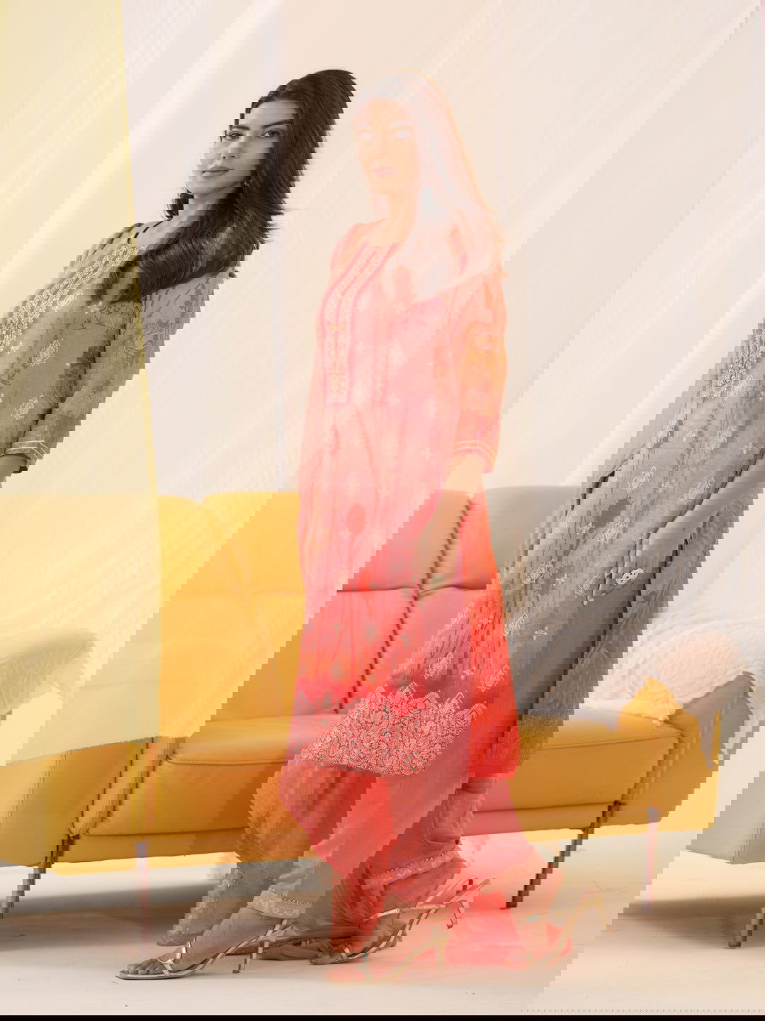 Shimmer Orange Color Woven Design Kurta With Trousers & Dupatta - Buy Best Ethnic Wear for Women & Girls | Daily Woman -