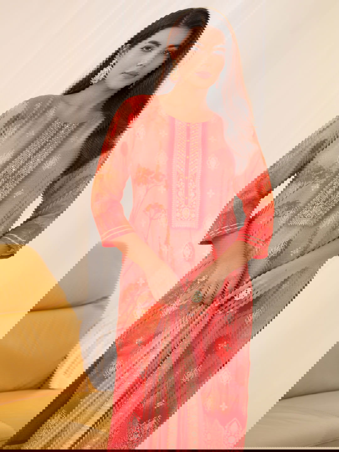 Shimmer Orange Color Woven Design Kurta With Trousers & Dupatta - Buy Best Ethnic Wear for Women & Girls | Daily Woman -