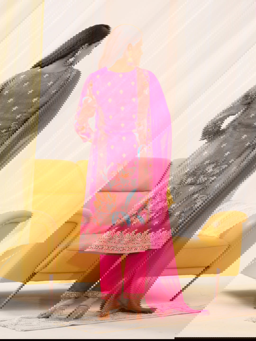 Shimmer Pink Color Woven Design Kurta With Trousers & Dupatta - Buy Best Ethnic Wear for Women & Girls | Daily Woman -