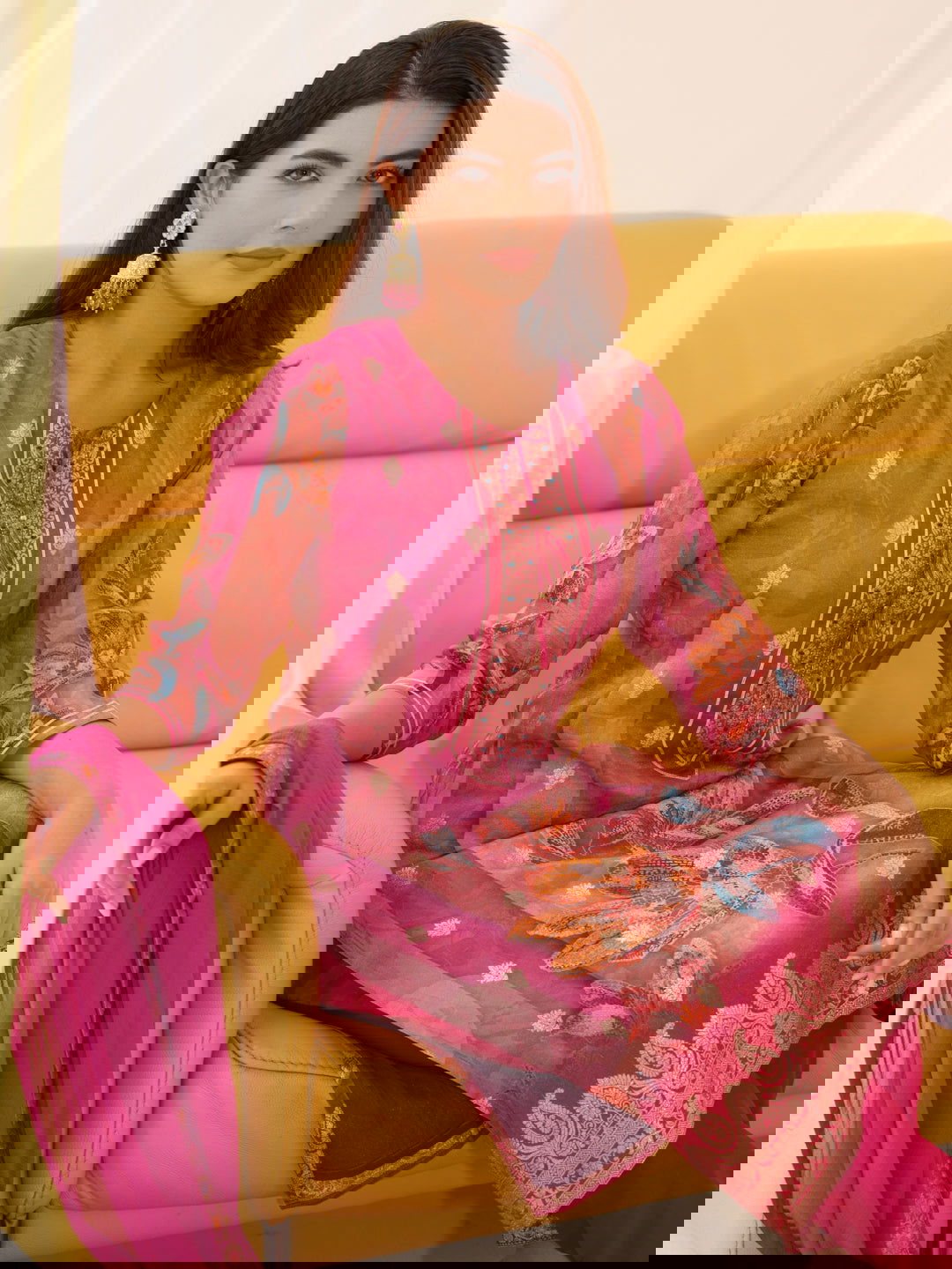Shimmer Pink Color Woven Design Kurta With Trousers & Dupatta - Buy Best Ethnic Wear for Women & Girls | Daily Woman -