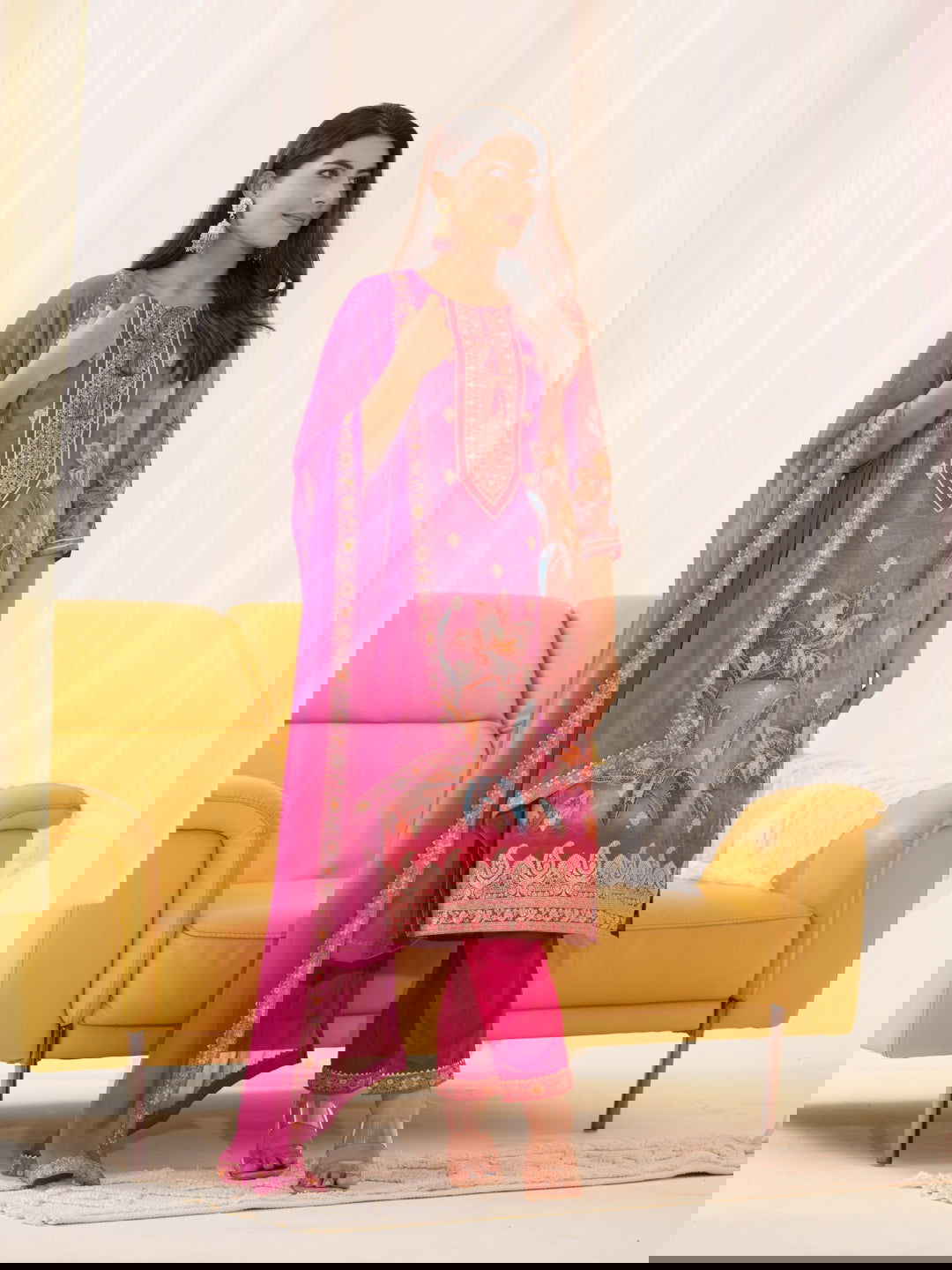 Shimmer Pink Color Woven Design Kurta With Trousers & Dupatta - Buy Best Ethnic Wear for Women & Girls | Daily Woman -