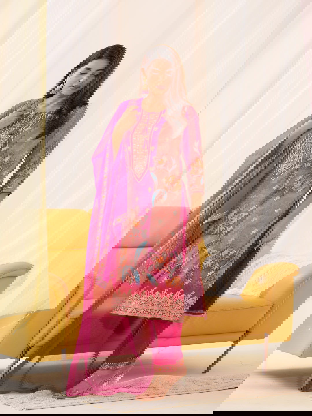Shimmer Pink Color Woven Design Kurta With Trousers & Dupatta - Buy Best Ethnic Wear for Women & Girls | Daily Woman -