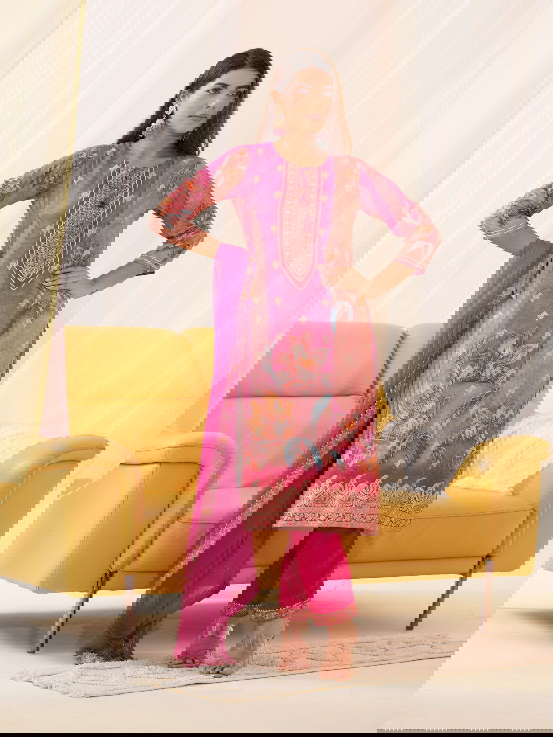 Shimmer Pink Color Woven Design Kurta With Trousers & Dupatta - Buy Best Ethnic Wear for Women & Girls | Daily Woman -