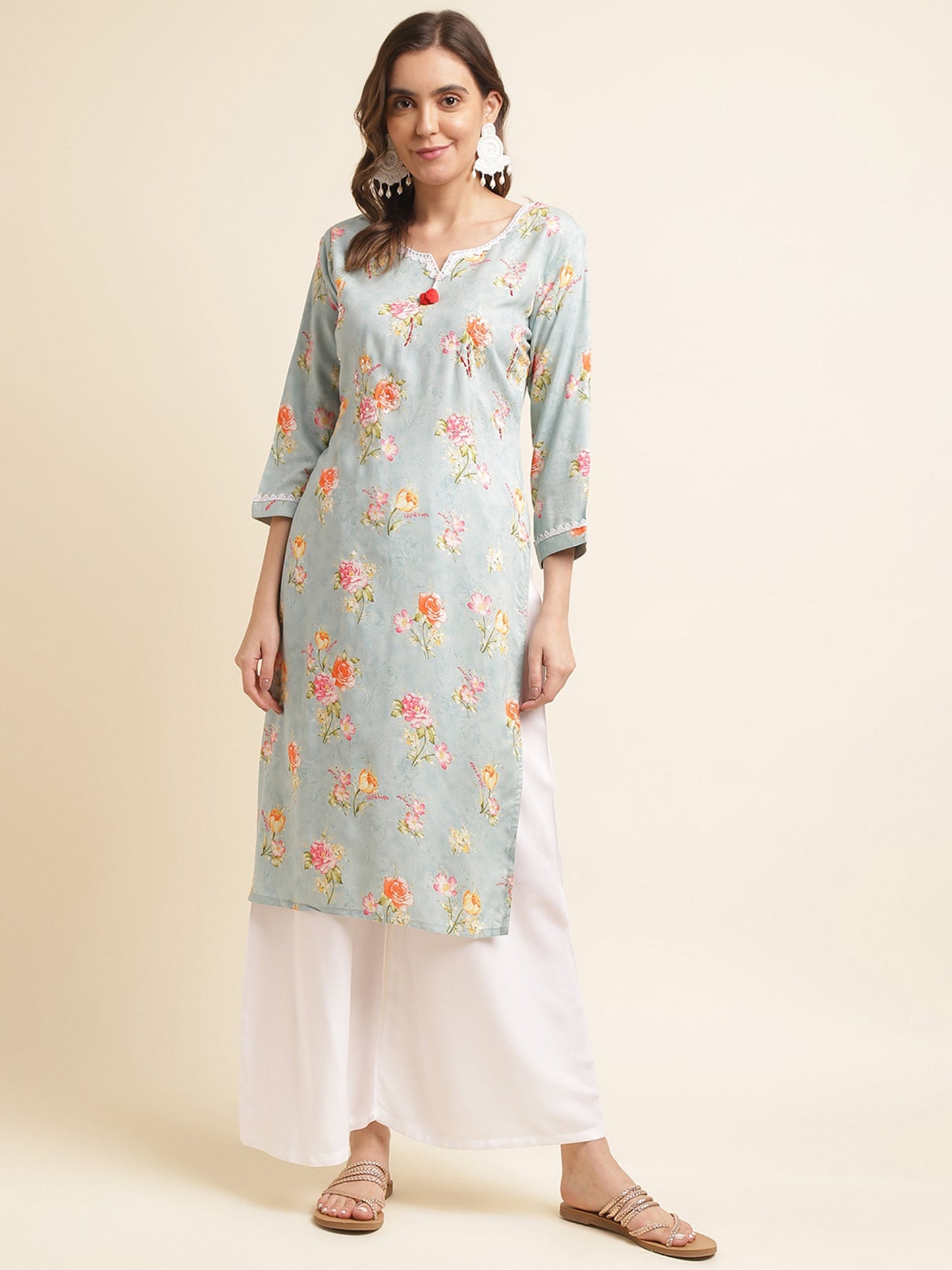 Sky-Blue Floral Printed Straight Kurta - Buy Best Ethnic Wear for Women & Girls | Daily Woman -