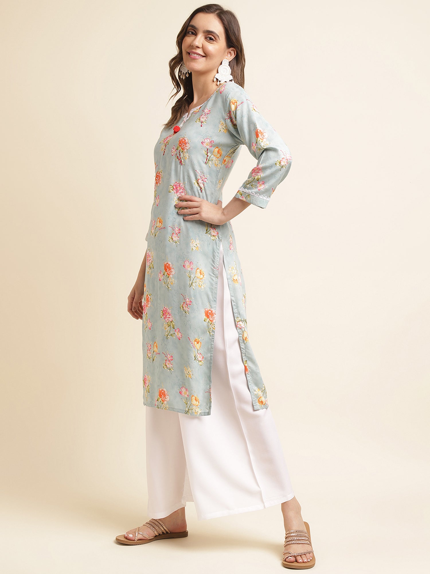 Sky-Blue Floral Printed Straight Kurta - Buy Best Ethnic Wear for Women & Girls | Daily Woman -