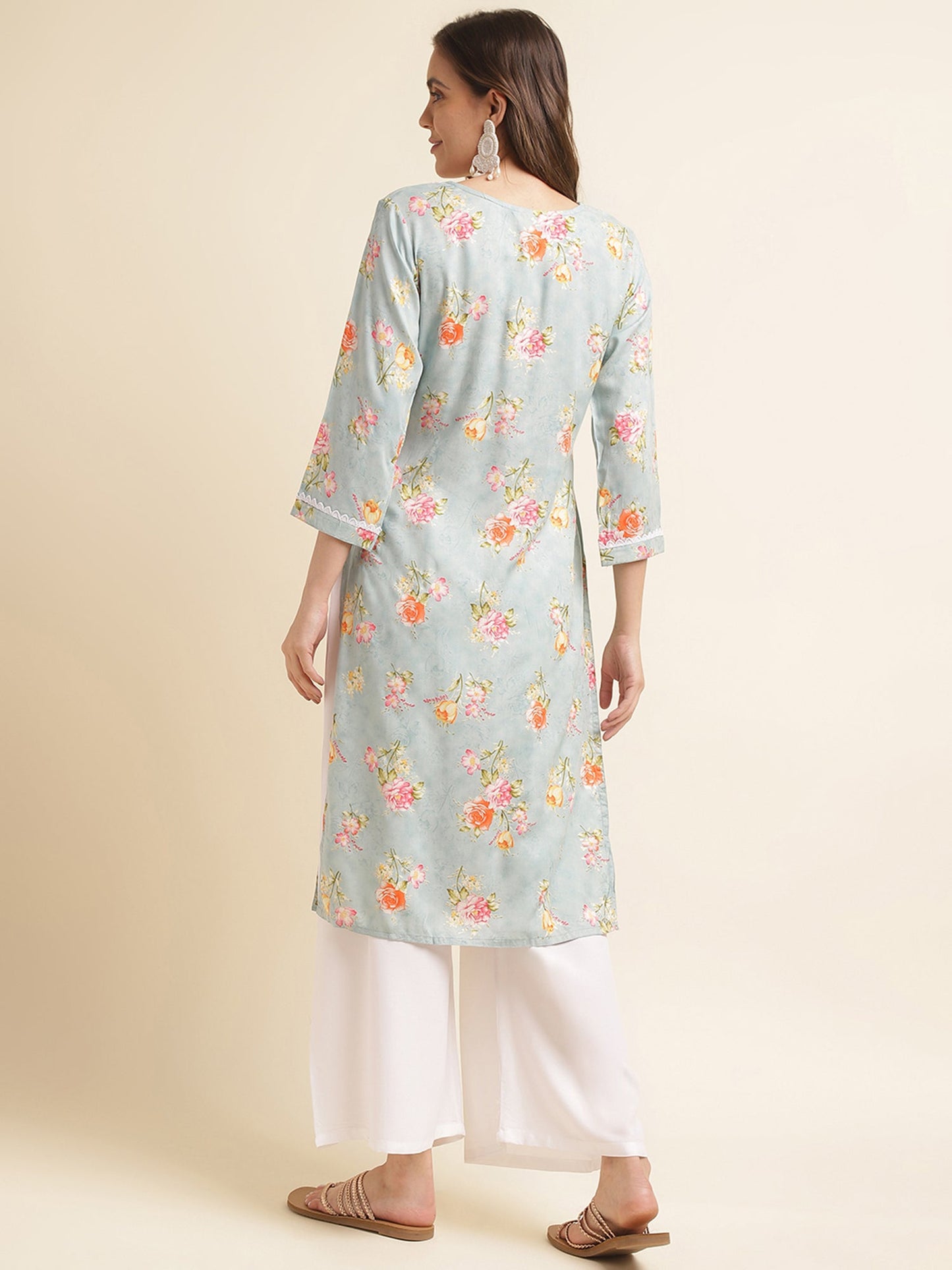 Sky-Blue Floral Printed Straight Kurta - Buy Best Ethnic Wear for Women & Girls | Daily Woman -