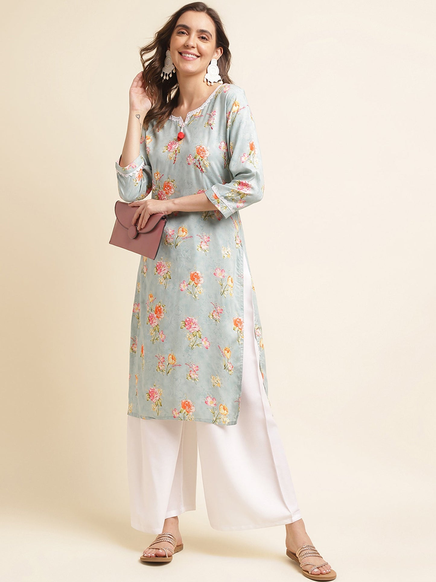 Sky-Blue Floral Printed Straight Kurta - Buy Best Ethnic Wear for Women & Girls | Daily Woman -