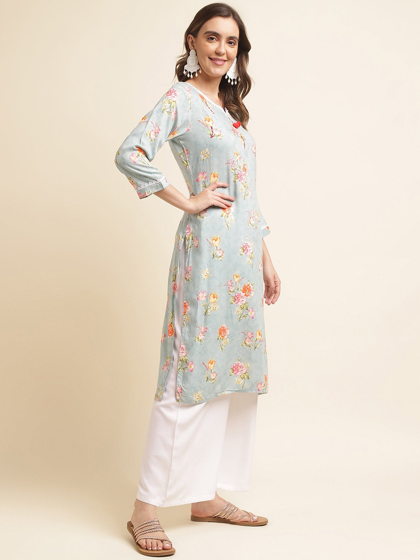 Sky-Blue Floral Printed Straight Kurta - Buy Best Ethnic Wear for Women & Girls | Daily Woman -