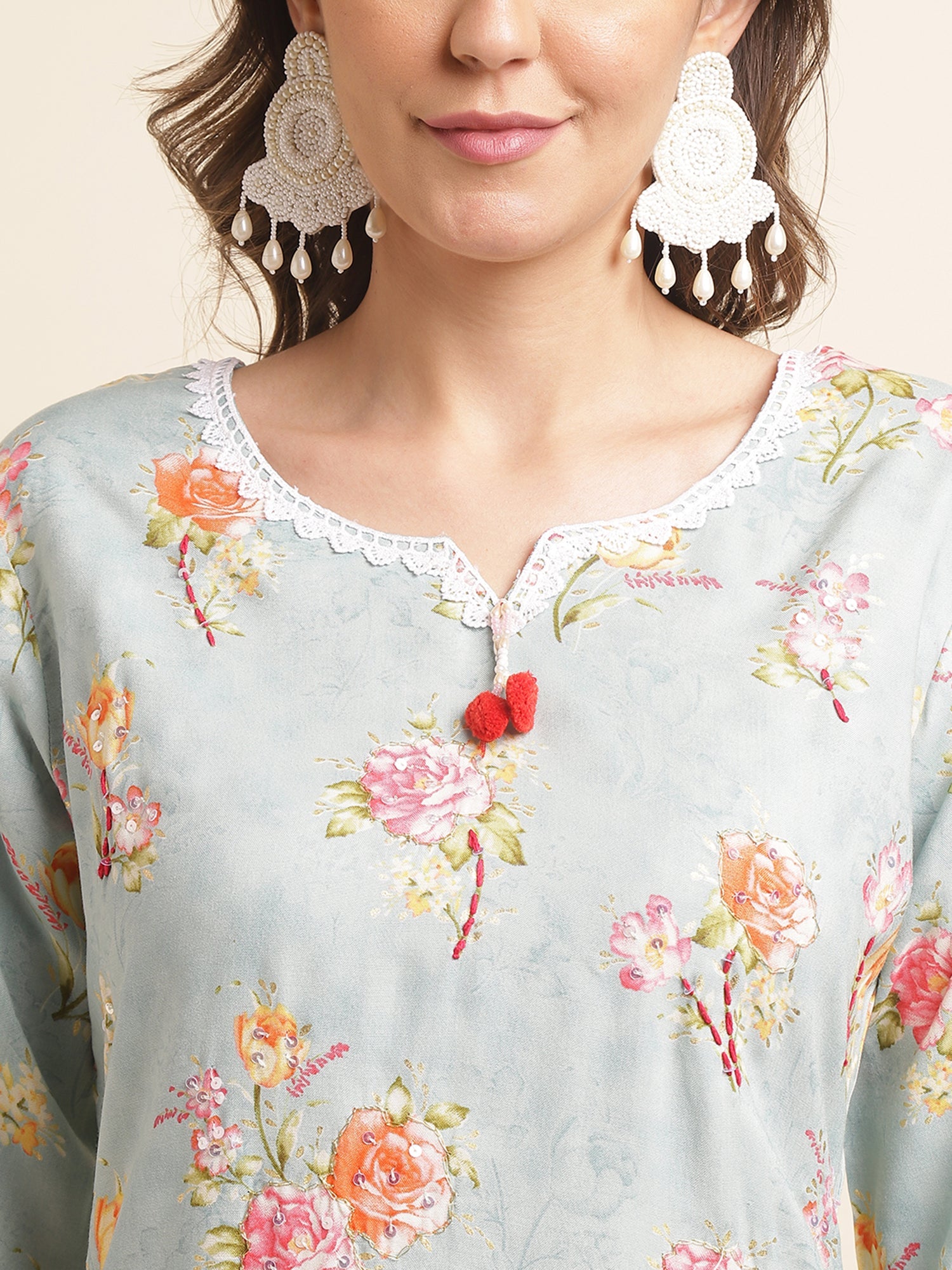 Sky-Blue Floral Printed Straight Kurta - Buy Best Ethnic Wear for Women & Girls | Daily Woman -