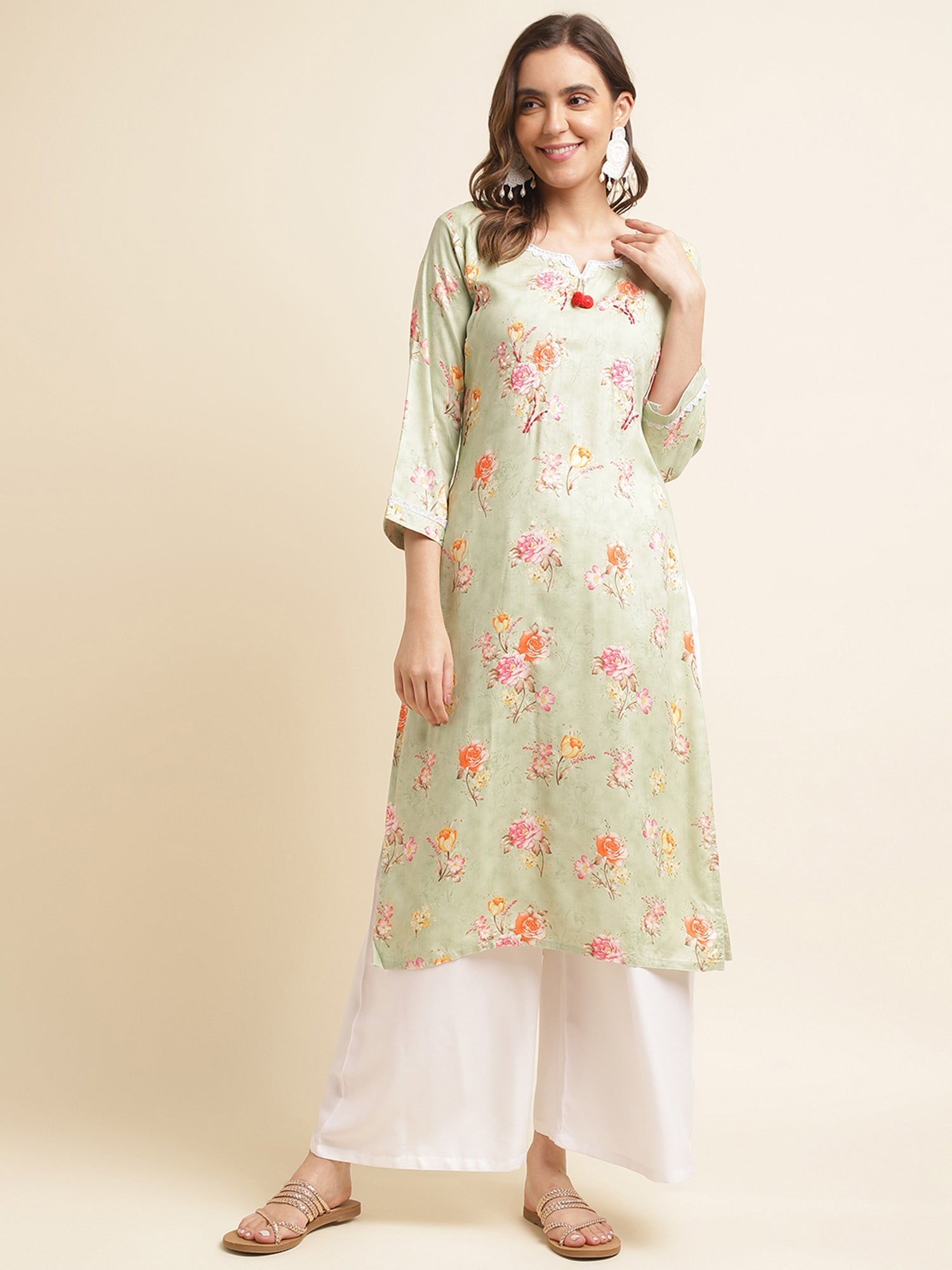 Sky-Blue Floral Printed Straight Kurta - Buy Best Ethnic Wear for Women & Girls | Daily Woman -